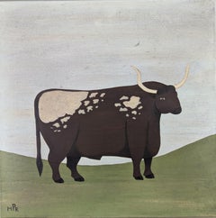 Peinture à l'huile contemporaine minimaliste et naïve sur les animaux - Old English Longhorn