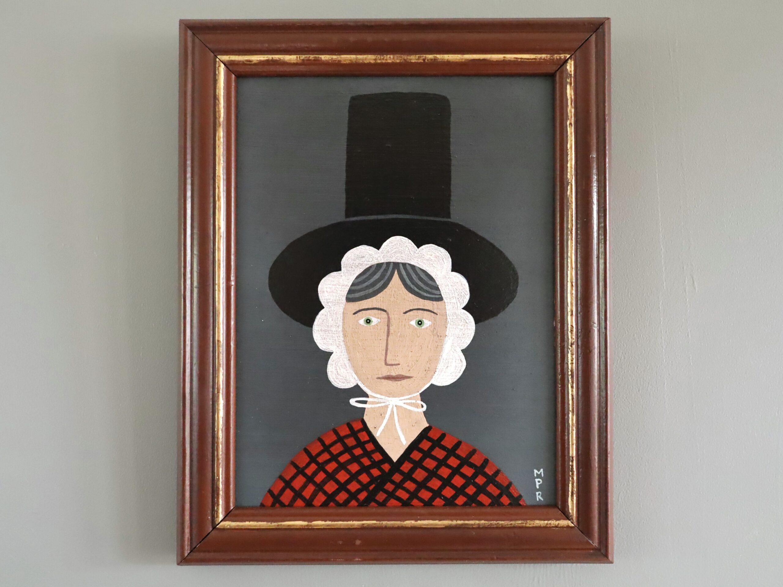 Mini ritratto in stile naïf Modernista contemporaneo dipinto ad olio - Signora gallese in rosso - Painting di Matt Rix