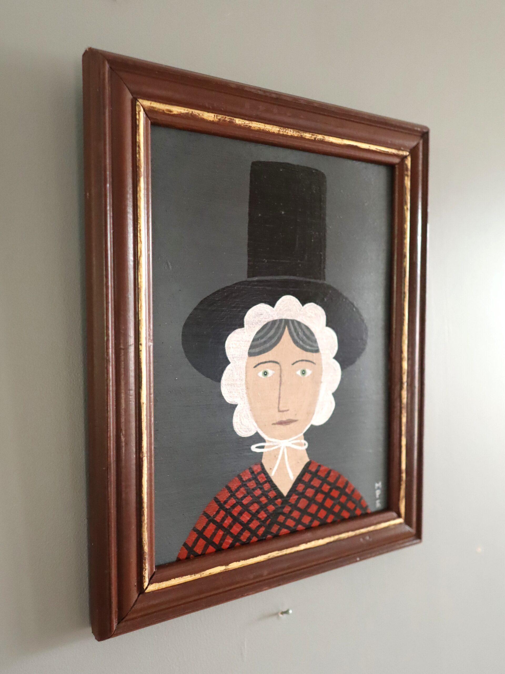 Mini ritratto in stile naïf Modernista contemporaneo dipinto ad olio - Signora gallese in rosso 1