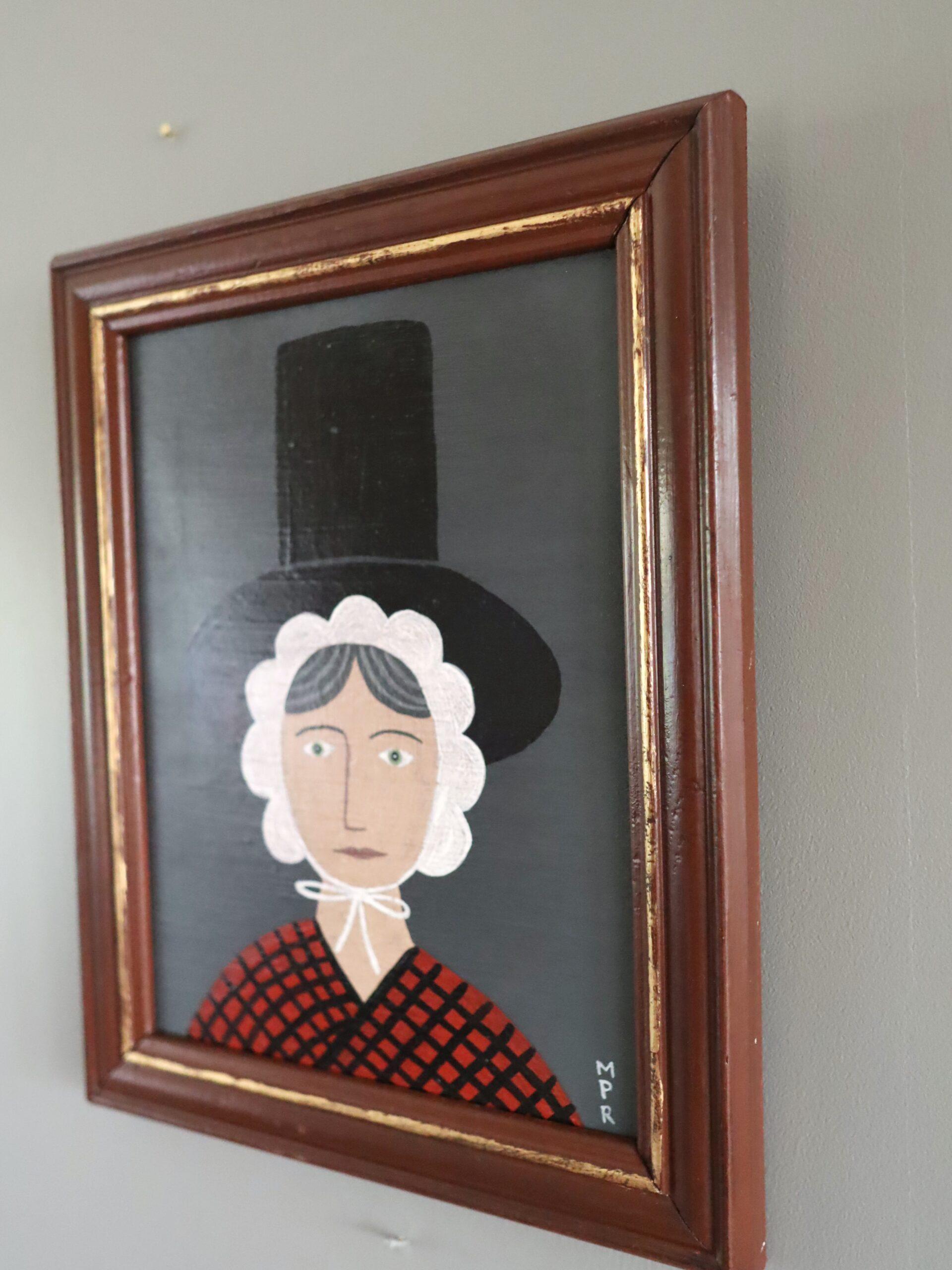 Mini ritratto in stile naïf Modernista contemporaneo dipinto ad olio - Signora gallese in rosso 2