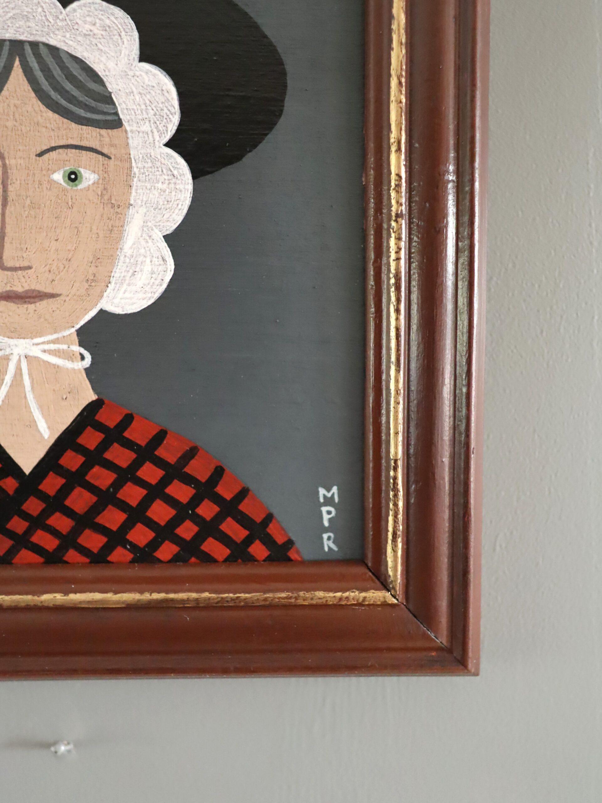 Mini ritratto in stile naïf Modernista contemporaneo dipinto ad olio - Signora gallese in rosso 3