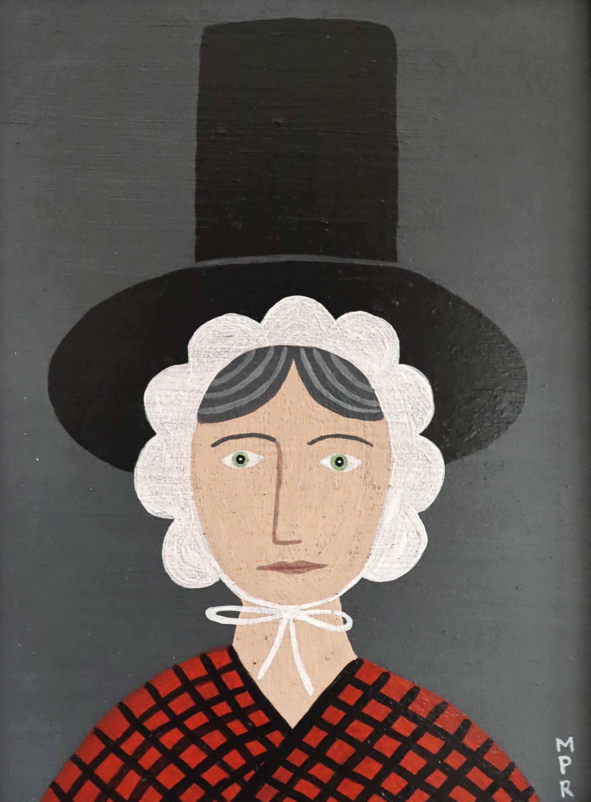 Mini ritratto in stile naïf Modernista contemporaneo dipinto ad olio - Signora gallese in rosso 4