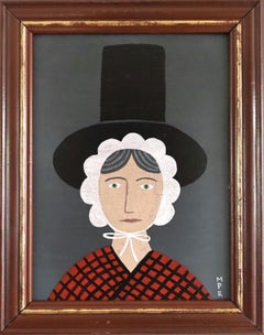 Mini ritratto in stile naïf Modernista contemporaneo dipinto ad olio - Signora gallese in rosso