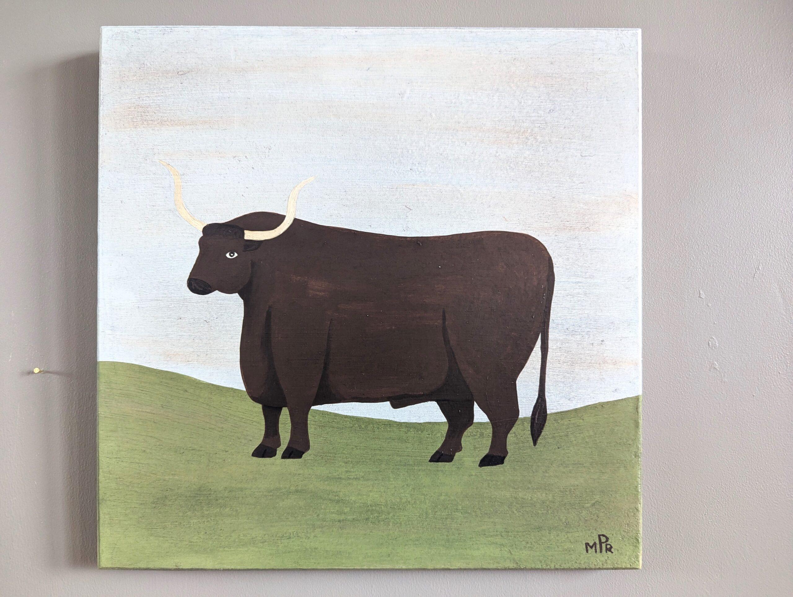 Contemporary Modernist Naïve Style Animal Oil Painting - English Longhorn Bull - Gray Animal Painting by Matt Rix