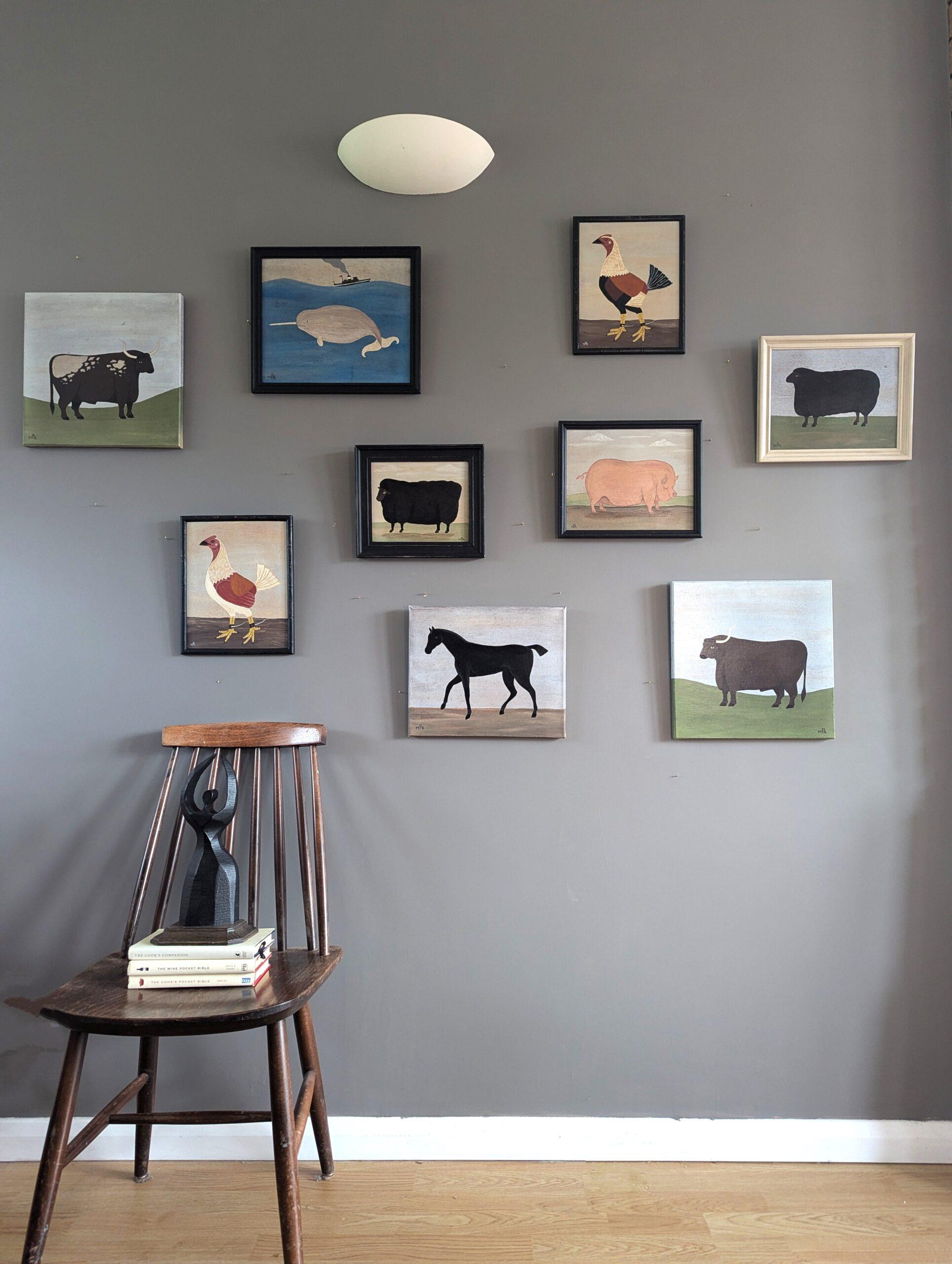 ENGLISH LONGHORN BULL
Size: 30.5 x 30.5 cm 
Oil on panel

A small and engaging  animal composition , painted in a naïve style in oil onto panel, by British artist Matt Rix.

This painting features a black longhorn cow standing on a gently rolling