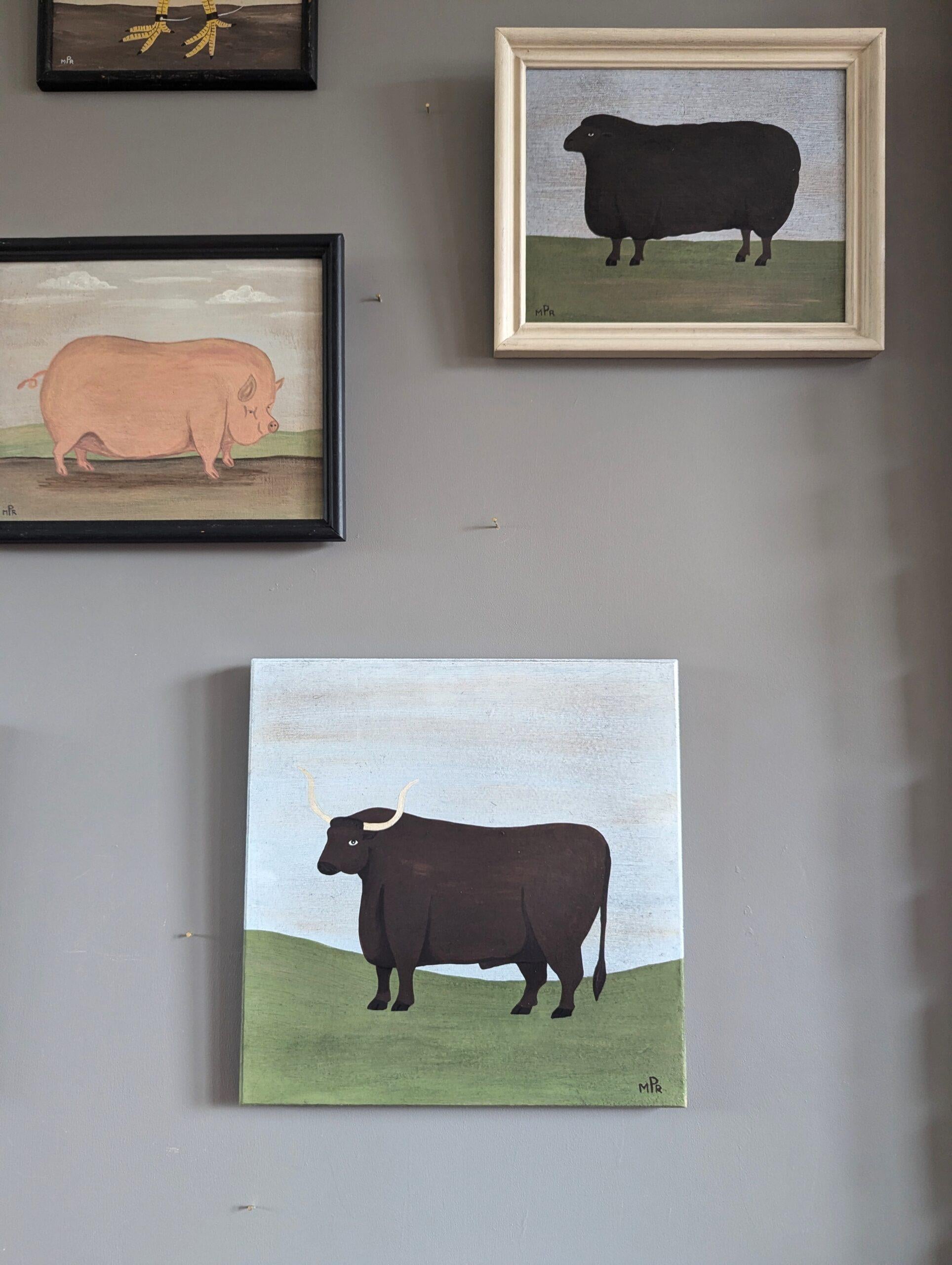 Contemporary Modernist Naïve Style Animal Oil Painting - English Longhorn Bull For Sale 1