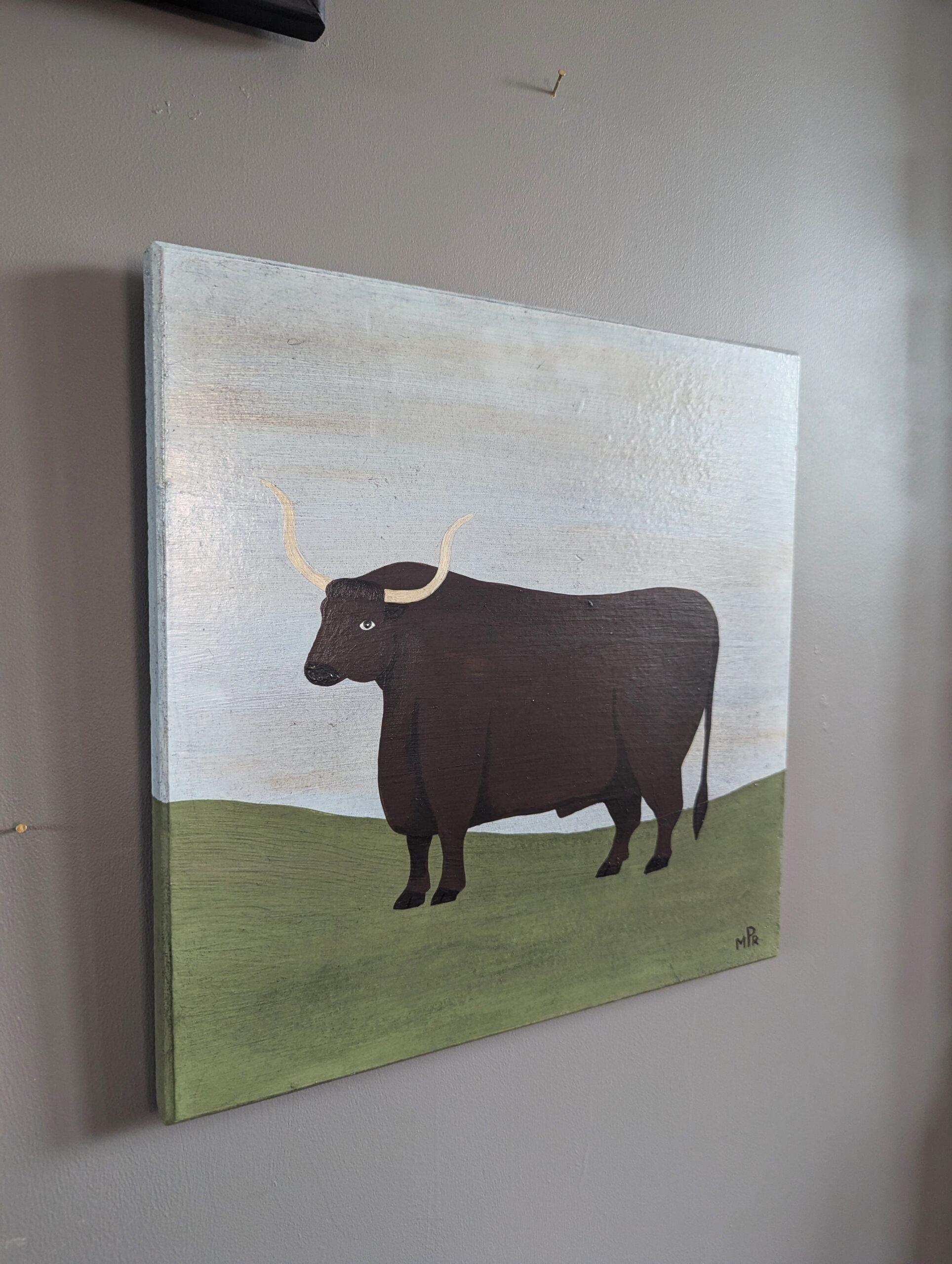 Contemporary Modernist Naïve Style Animal Oil Painting - English Longhorn Bull For Sale 2