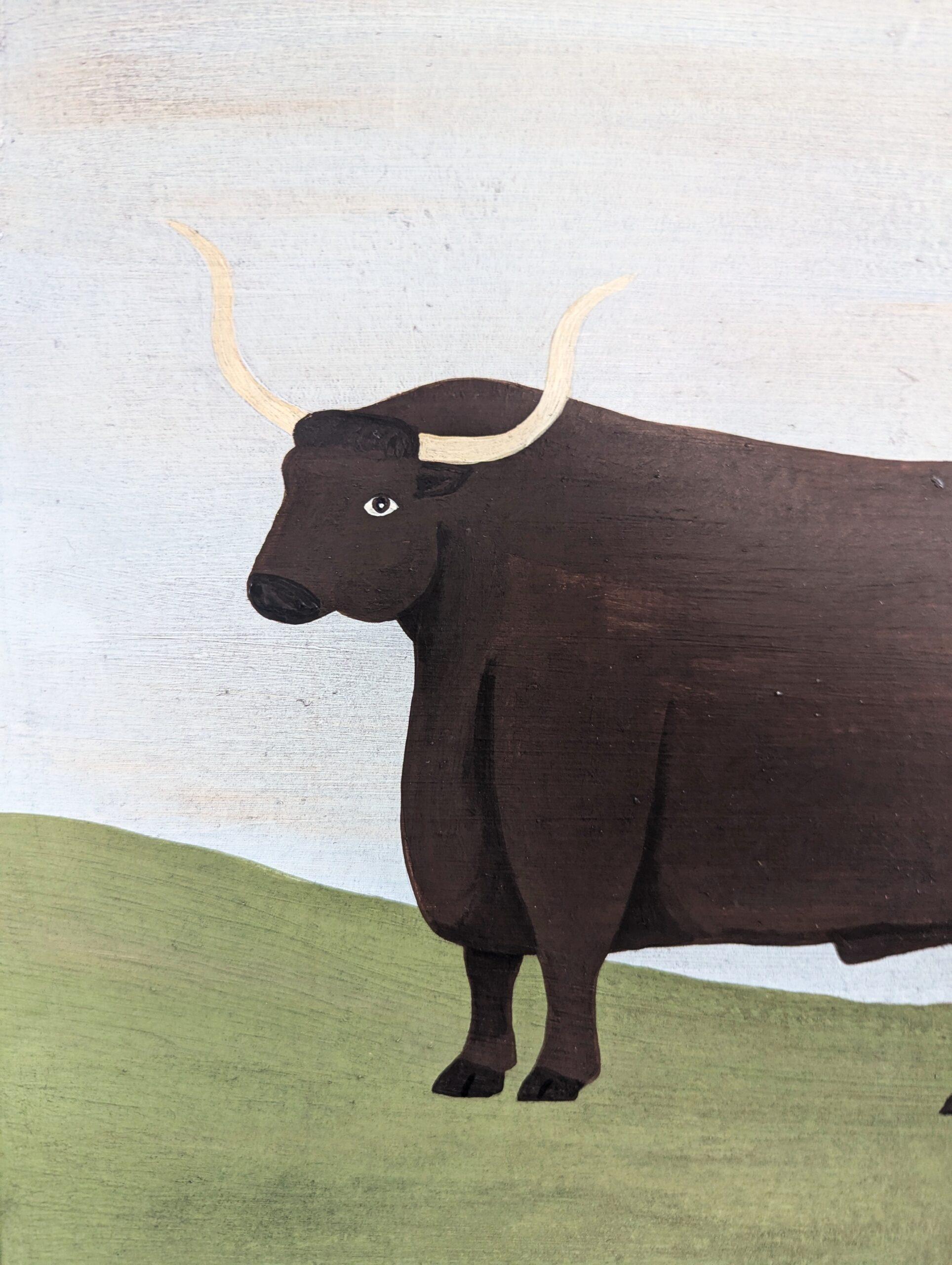 Contemporary Modernist Naïve Style Animal Oil Painting - English Longhorn Bull For Sale 5