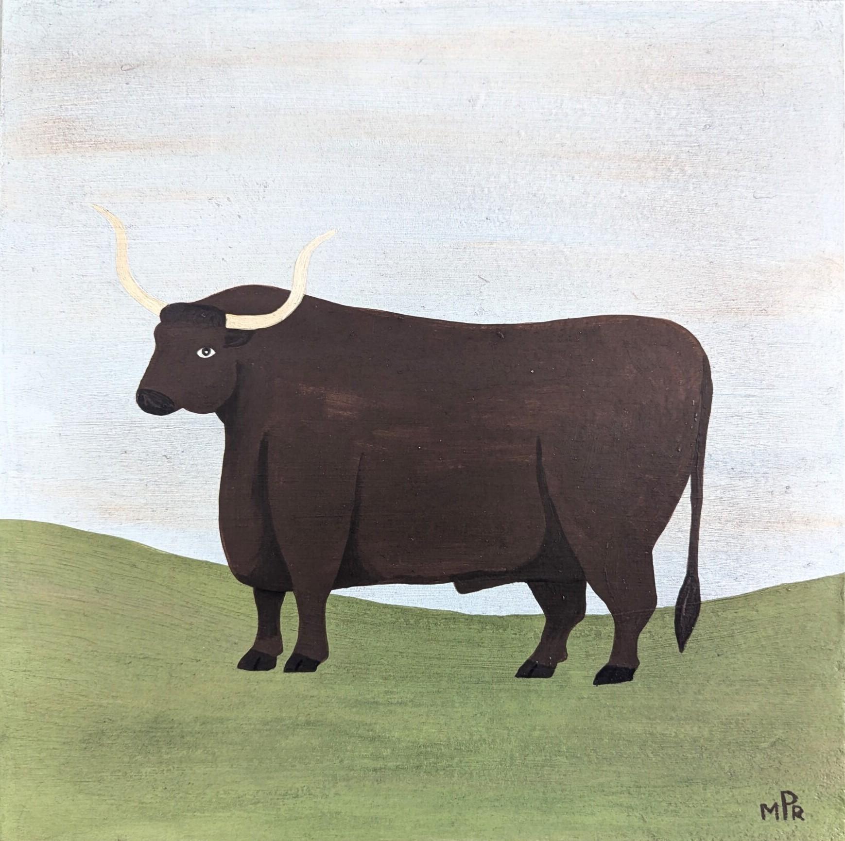 Matt Rix Animal Painting - Contemporary Modernist Naïve Style Animal Oil Painting - English Longhorn Bull