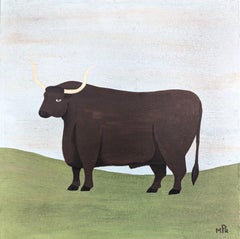 Peinture à l'huile contemporaine de style naïf sur les animaux - Taureau Longhorn anglais