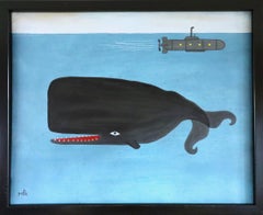 Contemporary Modernist Naïve Style Animal Oil Painting - Submarine & Sperm Whale