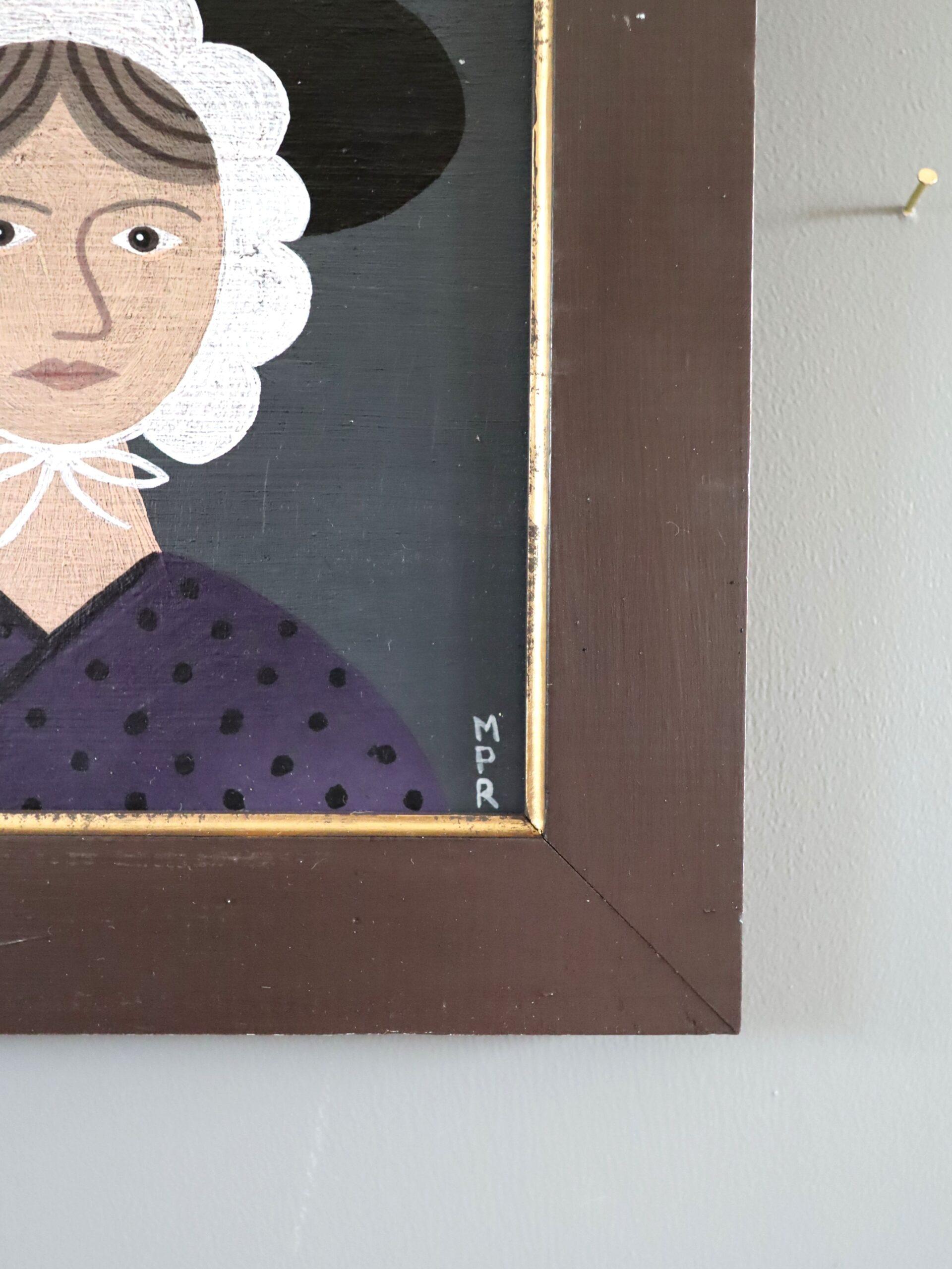Contemporary Modernist Naïve Style Portrait Ölgemälde - Waliserin in Lila im Angebot 2