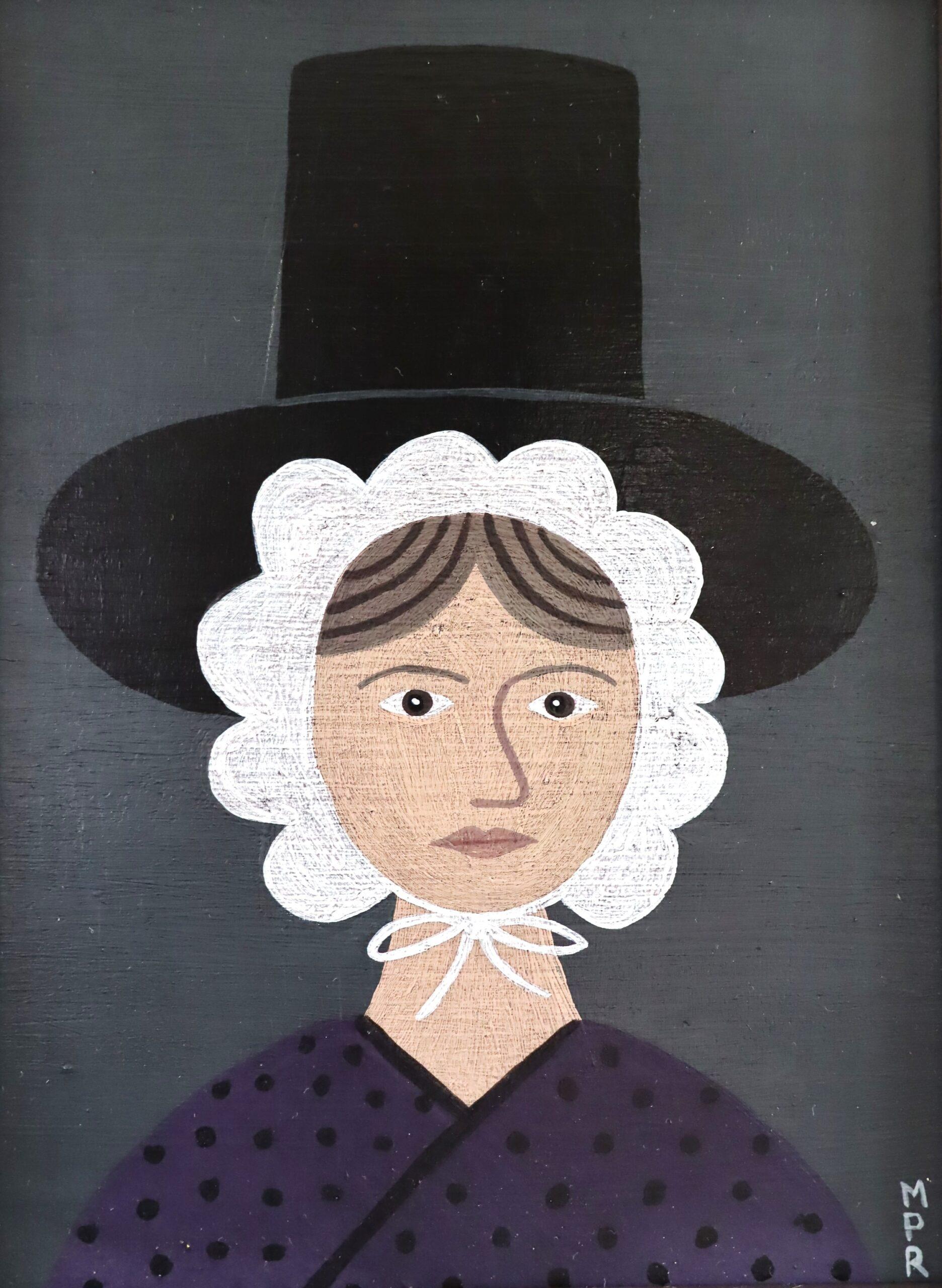 Contemporary Modernist Naïve Style Portrait Ölgemälde - Waliserin in Lila im Angebot 3