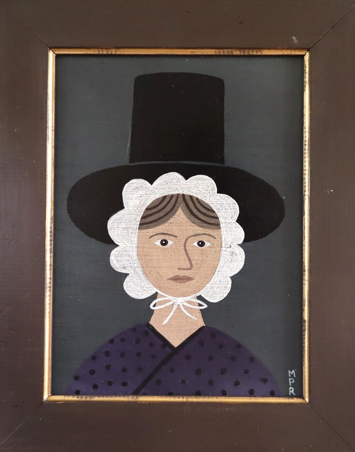 Ritratto ad olio in stile naïf modernista contemporaneo - Signora gallese in viola