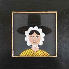 Contemporary Modernist Naïve Style Portrait Oil Painting - Welsh Lady in Yellow