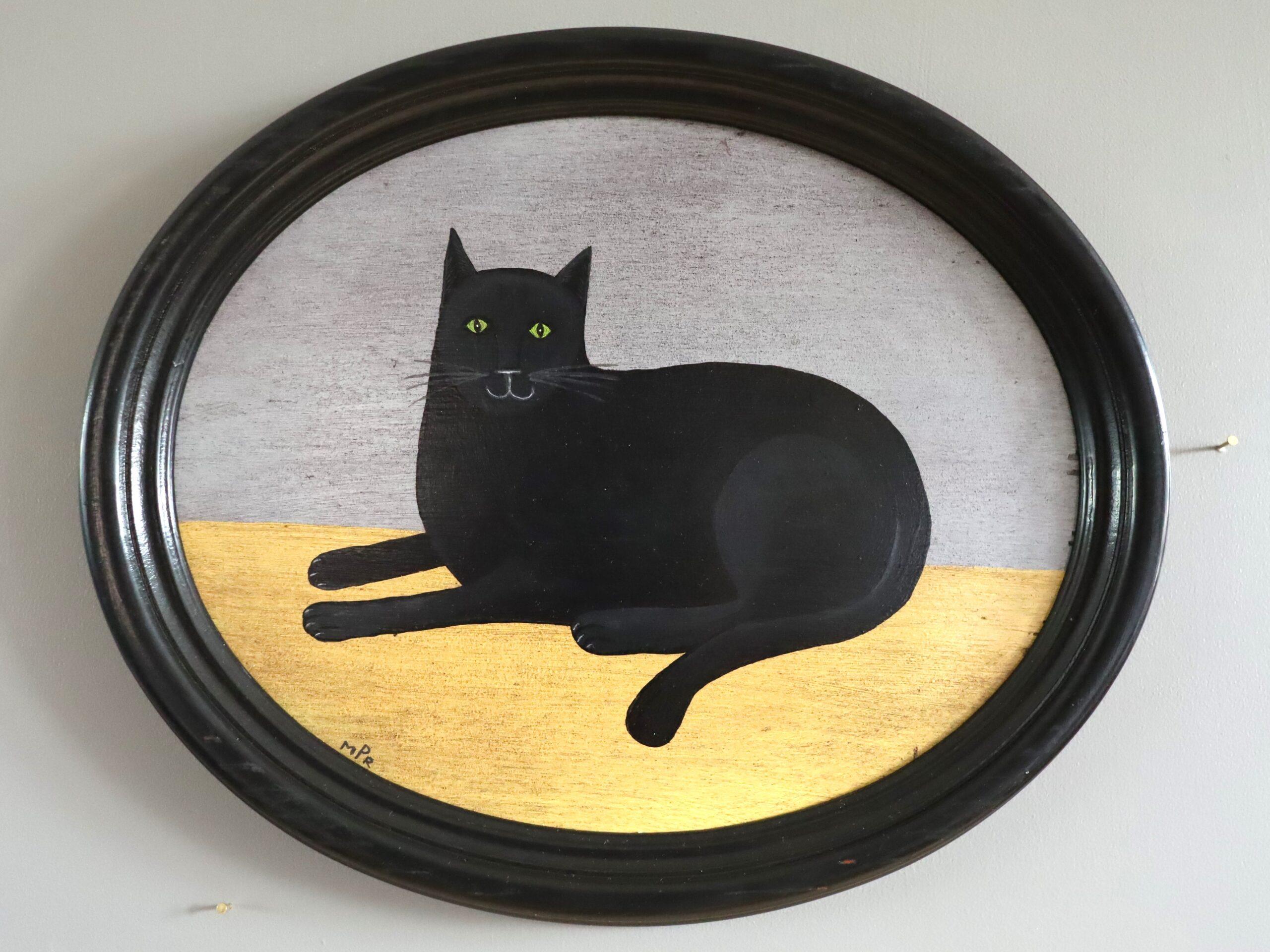 BLACK CAT
Size: 35 x 29 cm 
Oil on board

A small and engaging portrait composition, painted in a naïve style in oil onto panel, by British artist Matt Rix.

This painting features a black cat reclining in a relaxed position, set against a