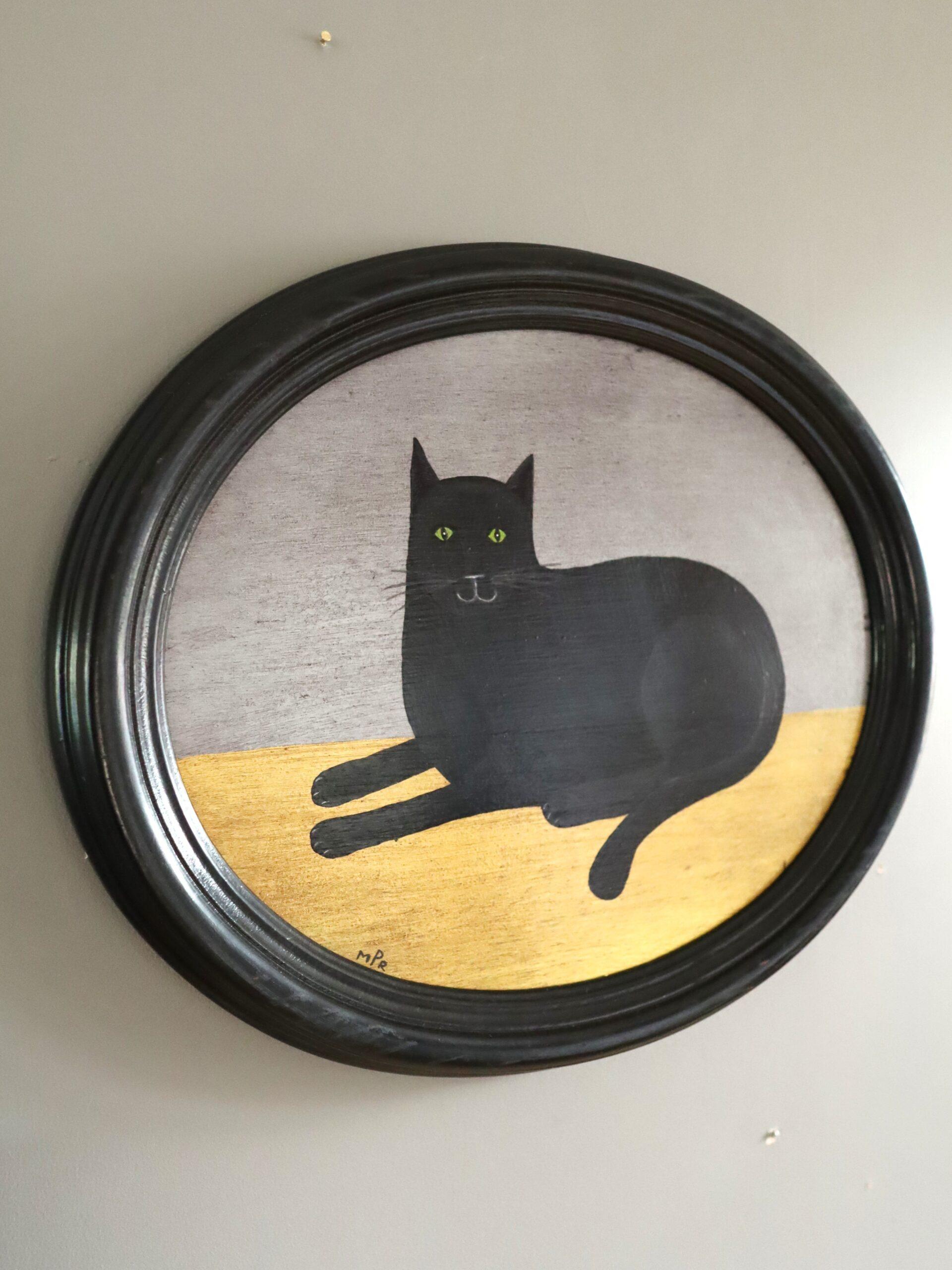 Contemporary Modernist Original Naïve Style Animal Oil Painting - Black Cat For Sale 2