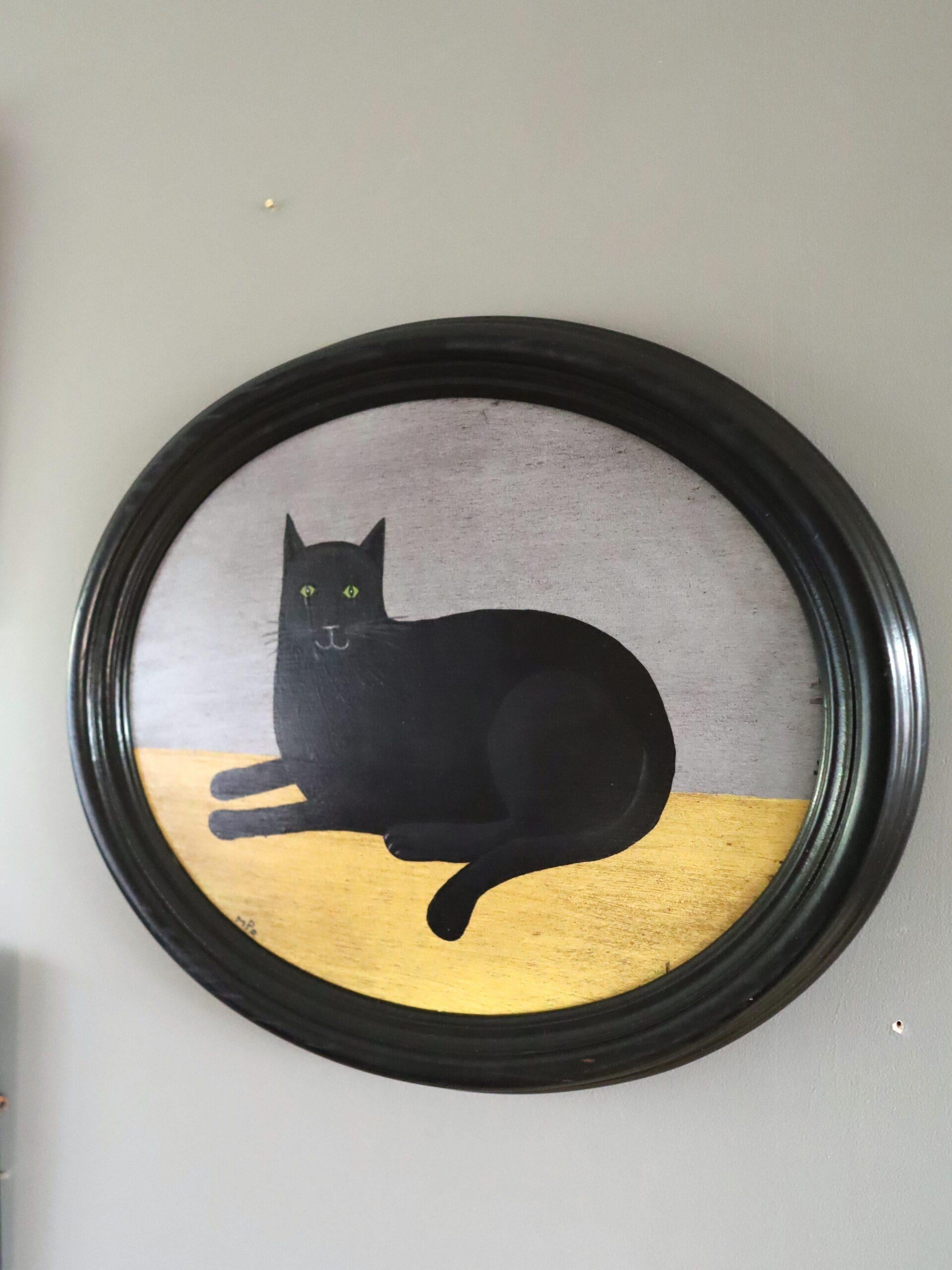 Contemporary Modernist Original Naïve Style Animal Oil Painting - Black Cat For Sale 3