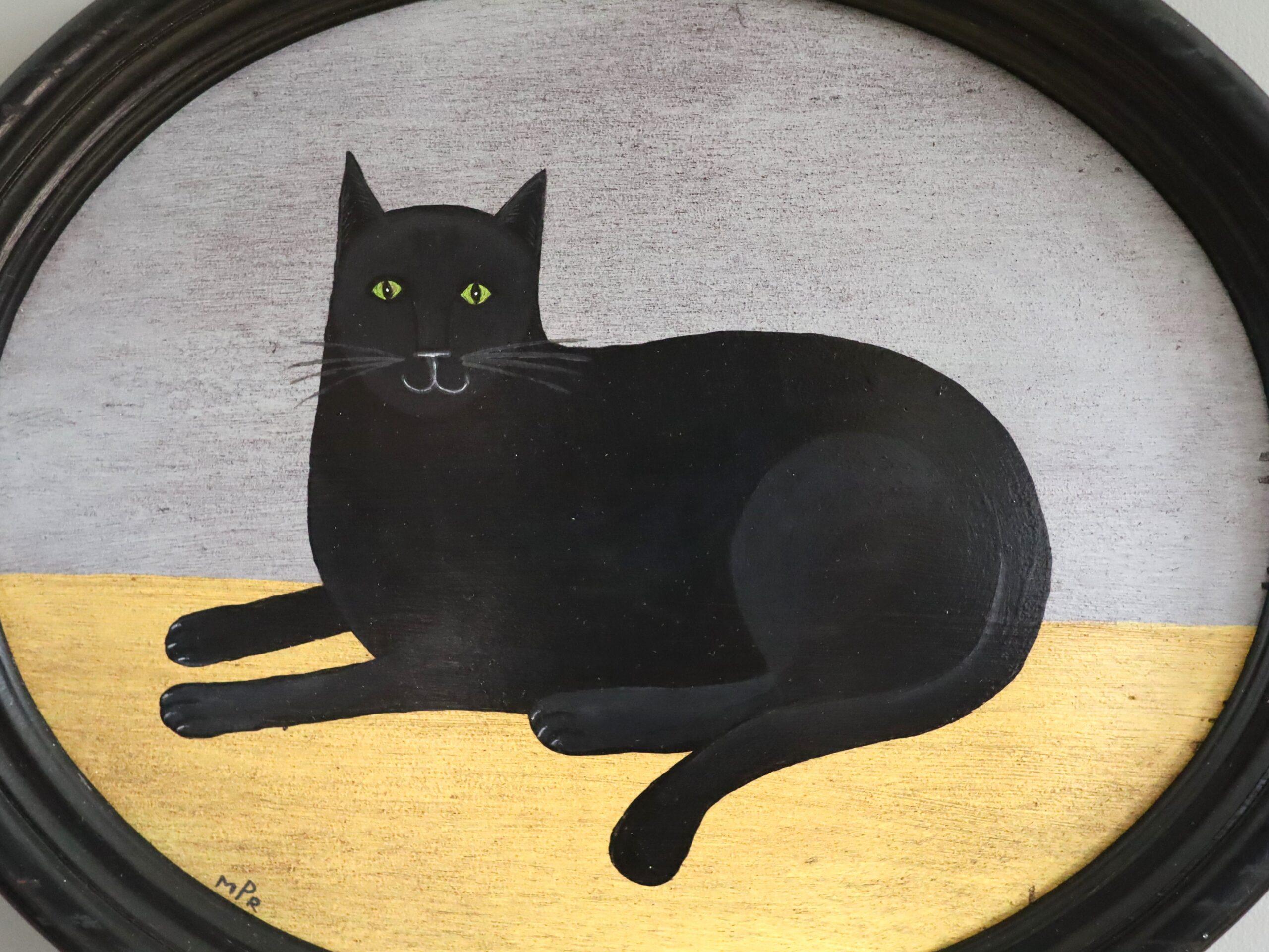 Contemporary Modernist Original Naïve Style Animal Oil Painting - Black Cat For Sale 5
