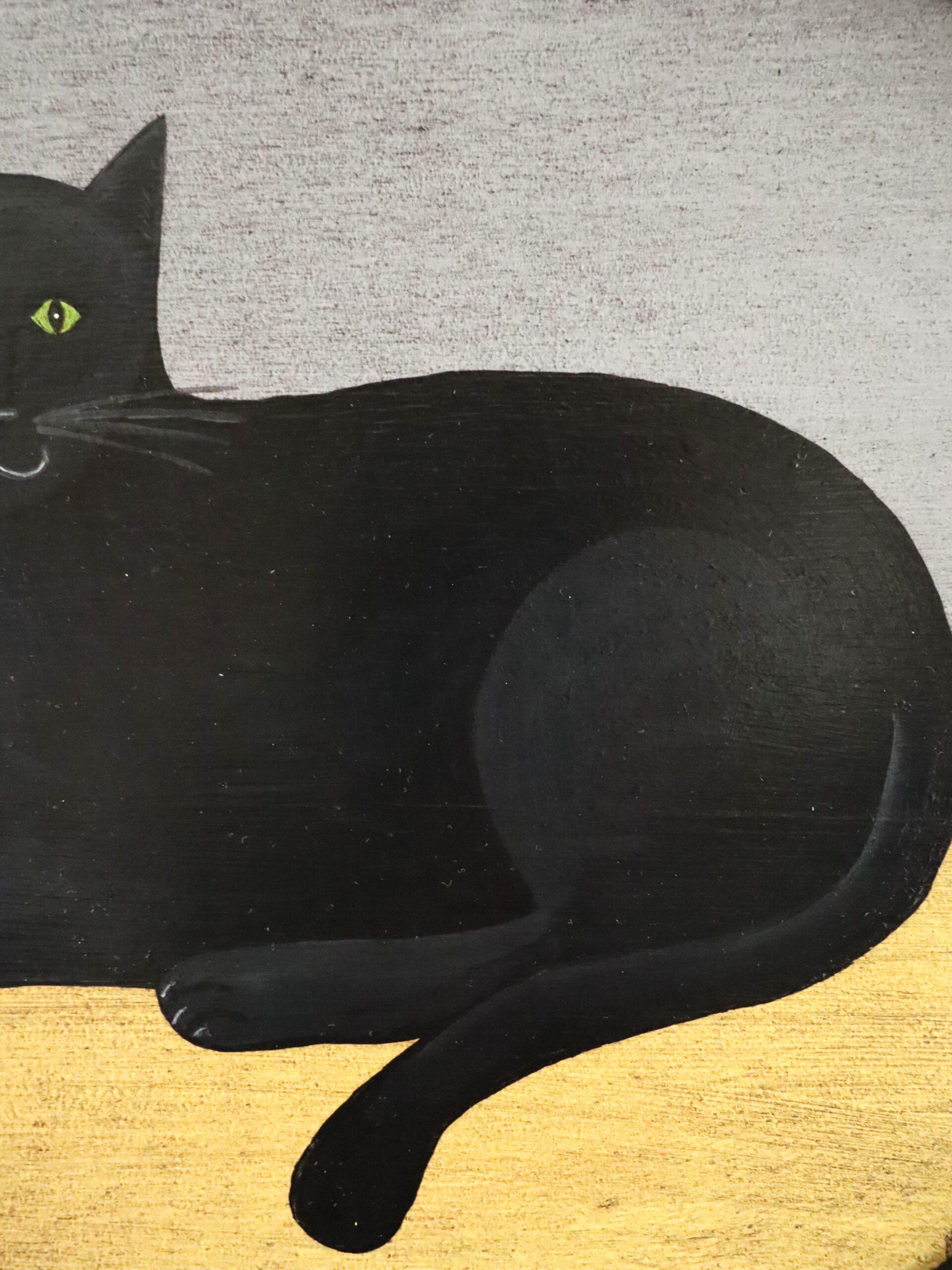 Contemporary Modernist Original Naïve Style Animal Oil Painting - Black Cat For Sale 7