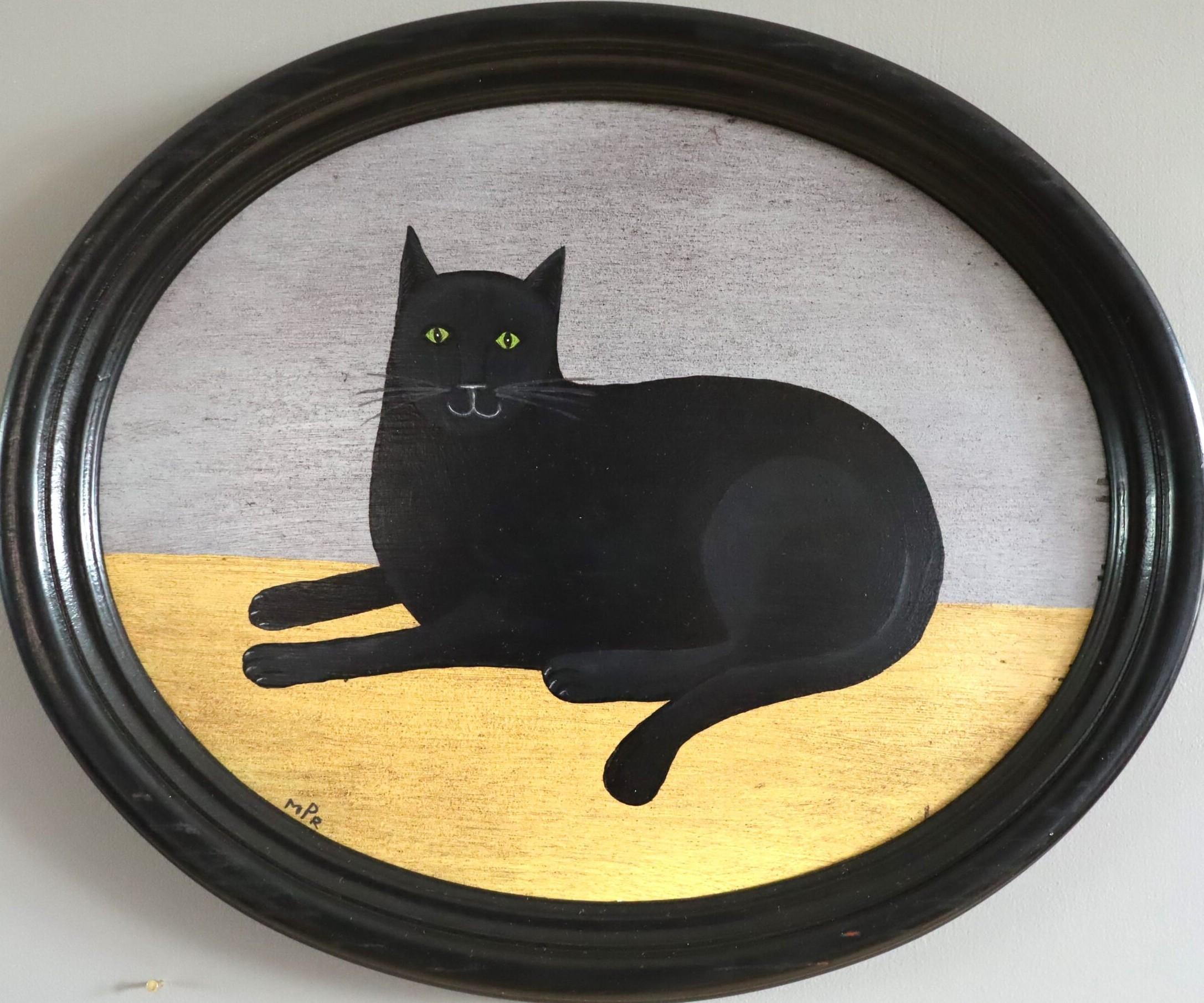 Contemporary Modernist Original Naïve Style Animal Oil Painting - Black Cat
