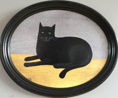 Contemporary Modernist Original Naïve Style Animal Oil Painting - Black Cat