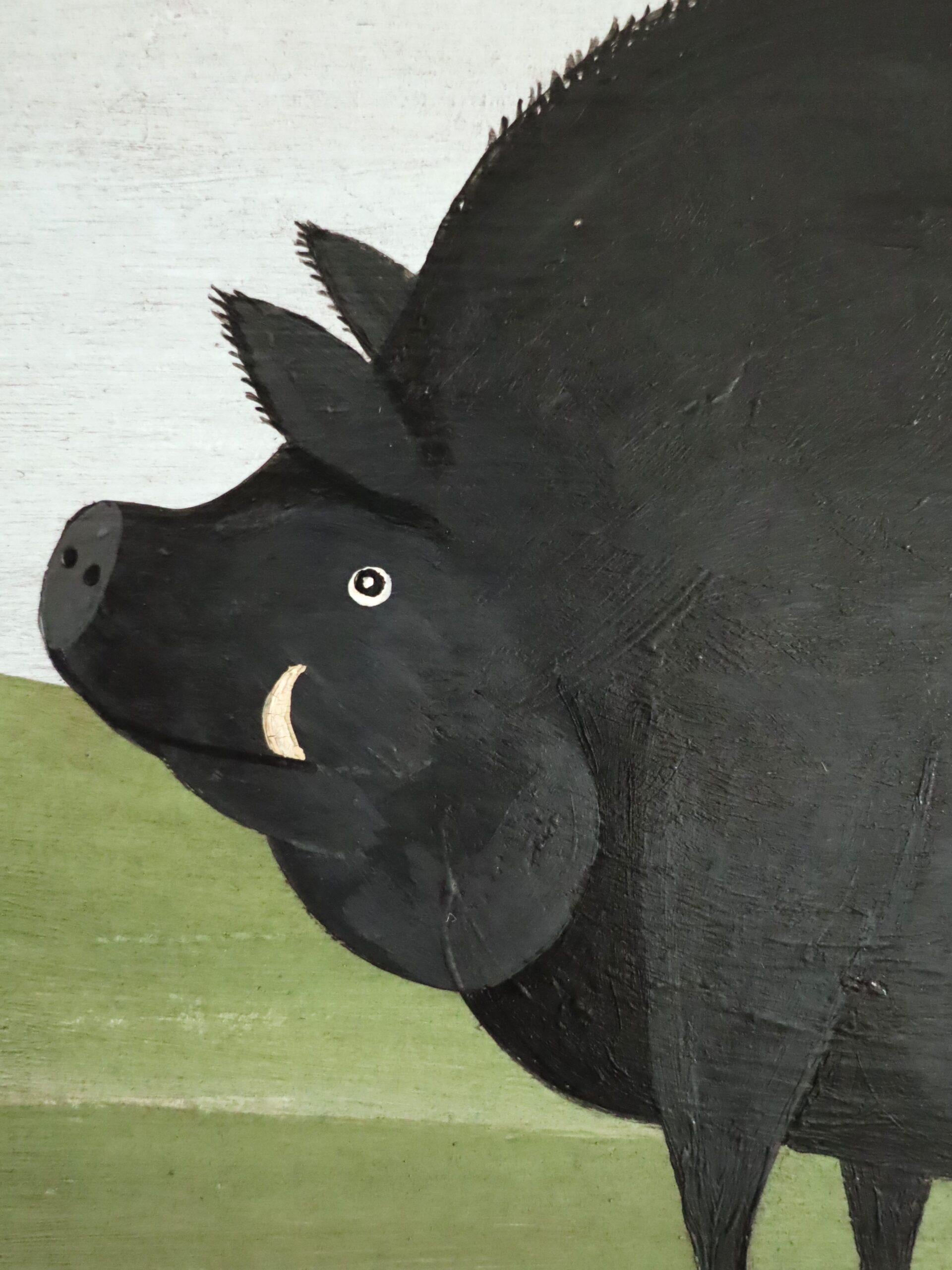 Modernista contemporáneo Pintura al óleo original de estilo naïve sobre animales -Jabalí en el pasto 5