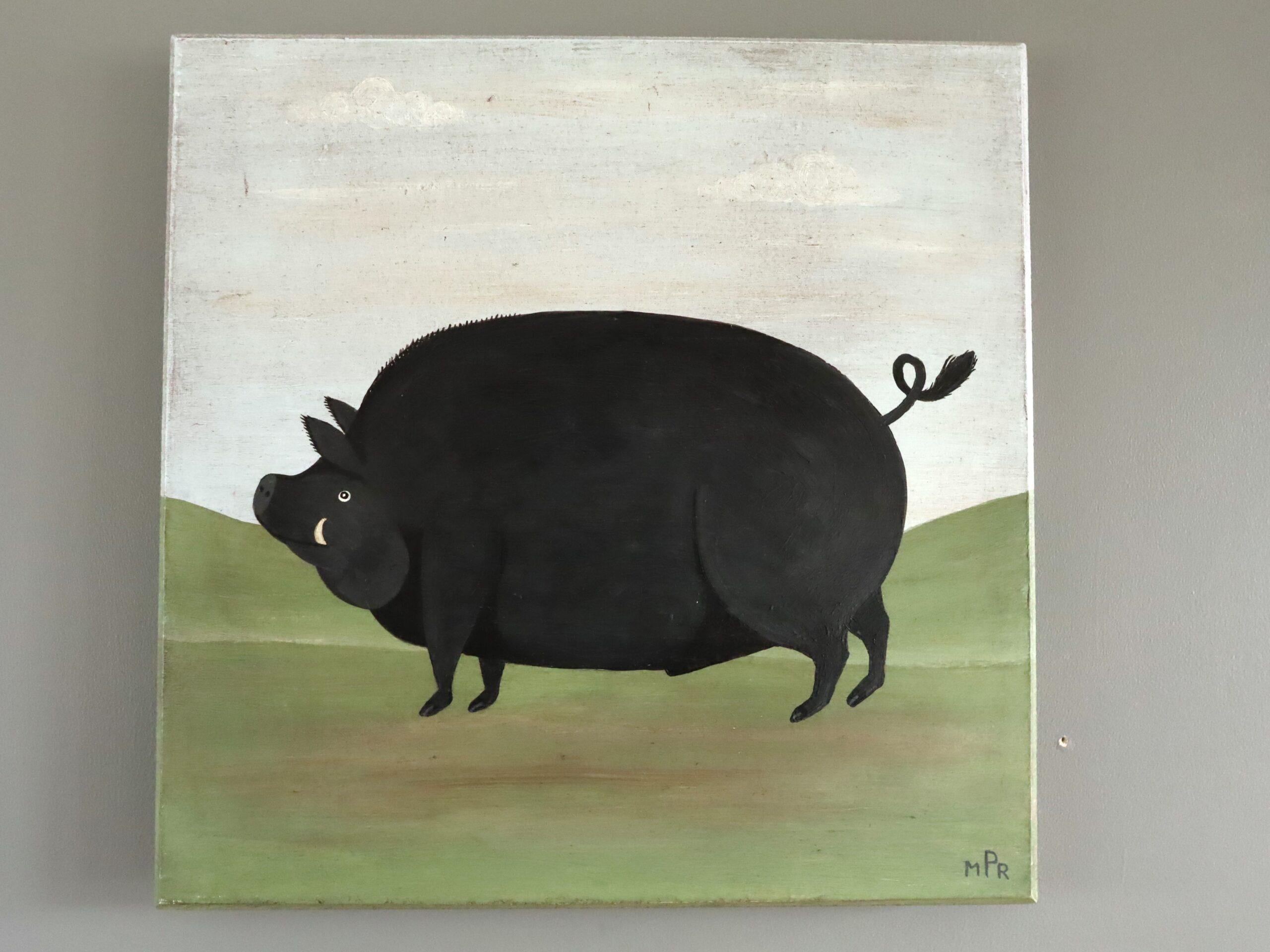 Modernista contemporáneo Pintura al óleo original de estilo naïve sobre animales -Jabalí en el pasto - Painting de Matt Rix