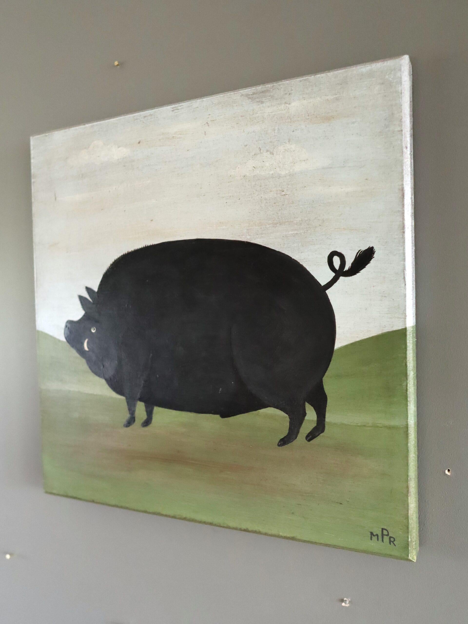 Modernista contemporáneo Pintura al óleo original de estilo naïve sobre animales -Jabalí en el pasto 1