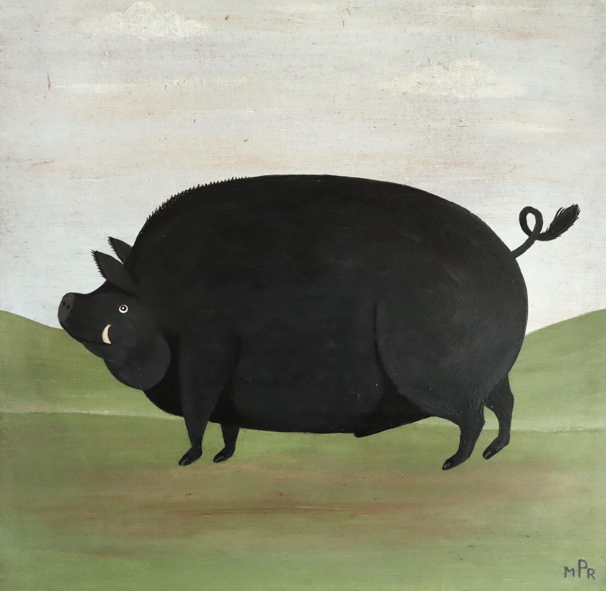 Modernista contemporáneo Pintura al óleo original de estilo naïve sobre animales -Jabalí en el pasto 2