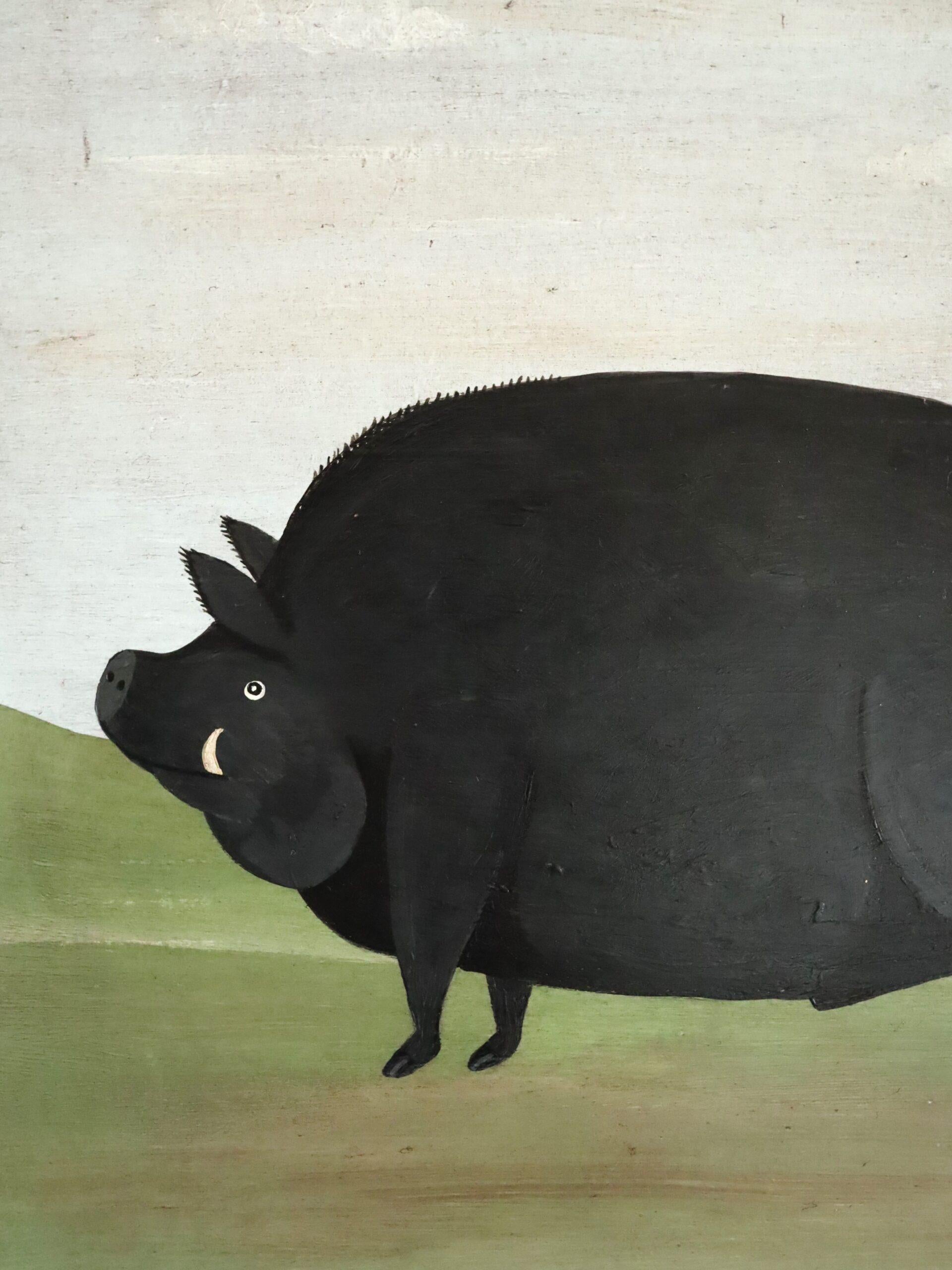 Modernista contemporáneo Pintura al óleo original de estilo naïve sobre animales -Jabalí en el pasto 3