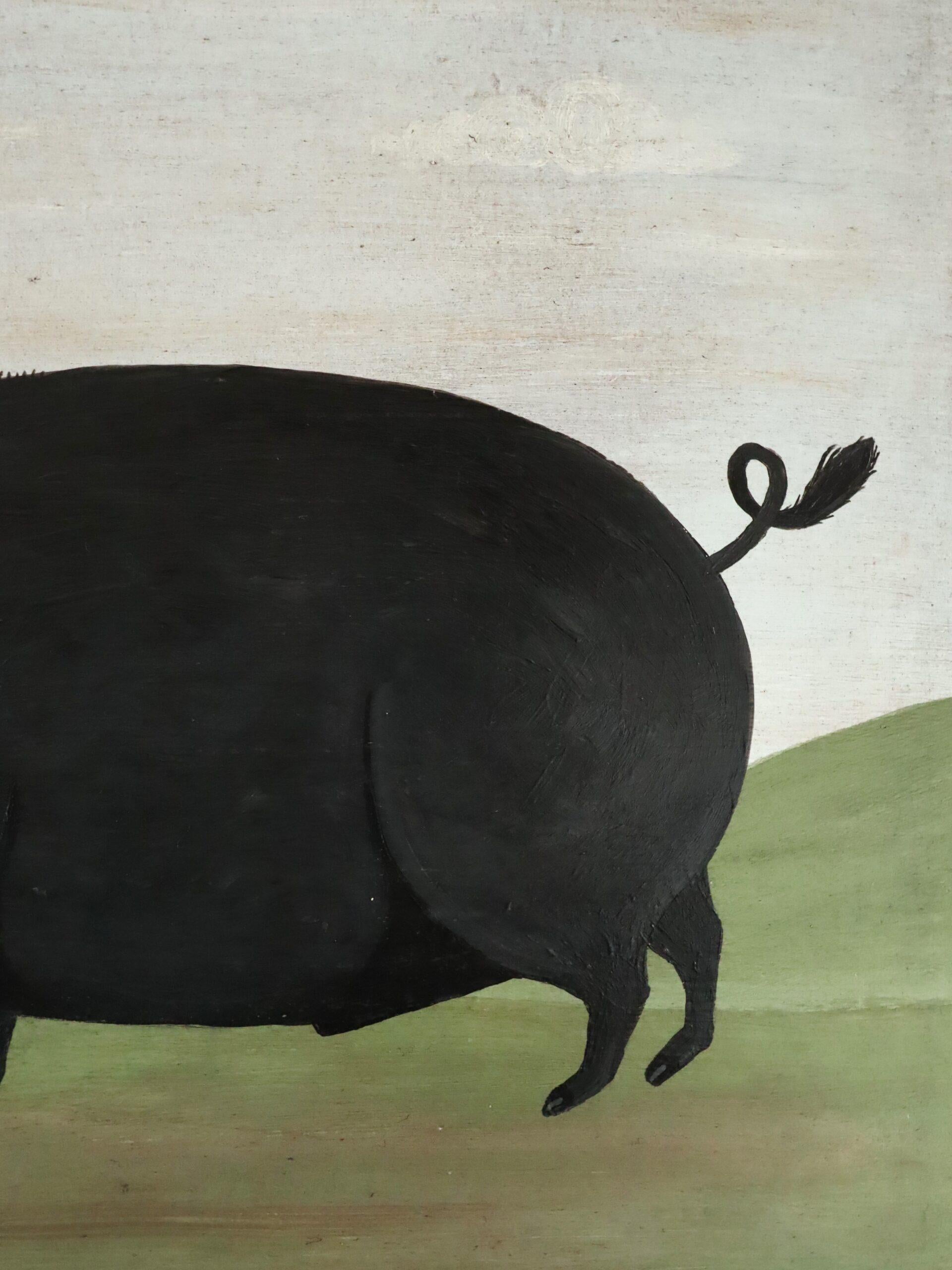 Modernista contemporáneo Pintura al óleo original de estilo naïve sobre animales -Jabalí en el pasto 4