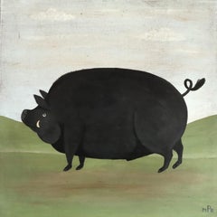 Modernista contemporáneo Pintura al óleo original de estilo naïve sobre animales -Jabalí en el pasto