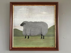 Contemporary Modernist Original Naïve Style Animal Oil Painting - Ewe on Pasture
