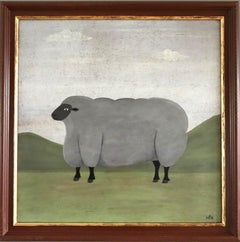 Contemporary Modernist Original Naïve Style Animal Oil Painting - Ewe on Pasture