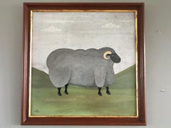 Contemporary Modernist Original Naïve Style Animal Oil Painting - Ram on Pasture