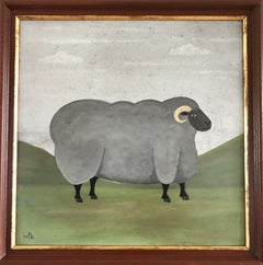 Contemporary Modernist Original Naïve Style Animal Oil Painting - Ram on Pasture