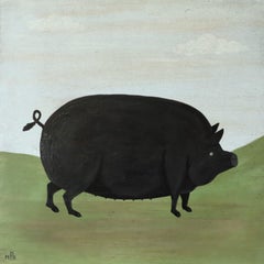 Peinture à l'huile contemporaine moderniste originale de style naïf sur les animaux - Truie en pâturage