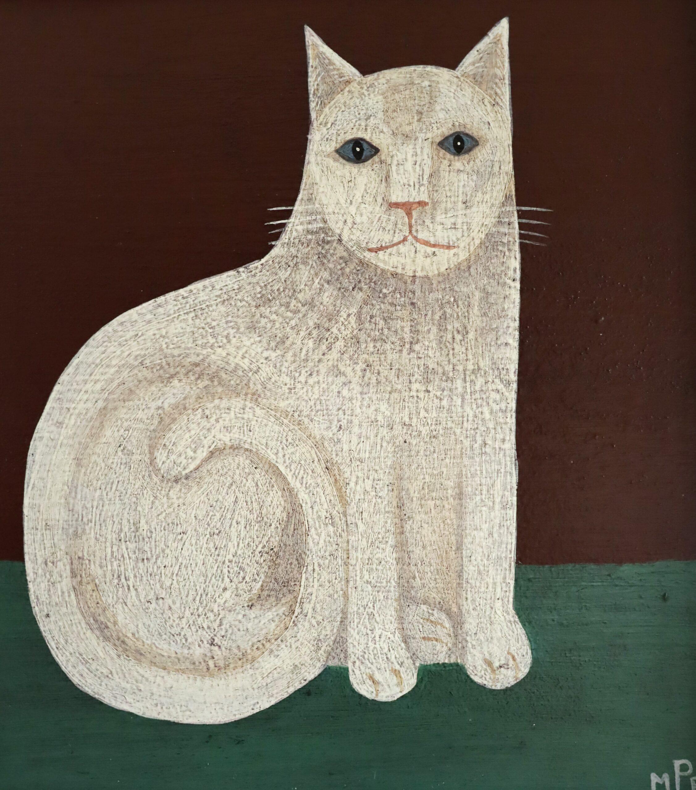 Contemporary Modernist Original Naïve Style Animal Oil Painting - White Cat For Sale 7