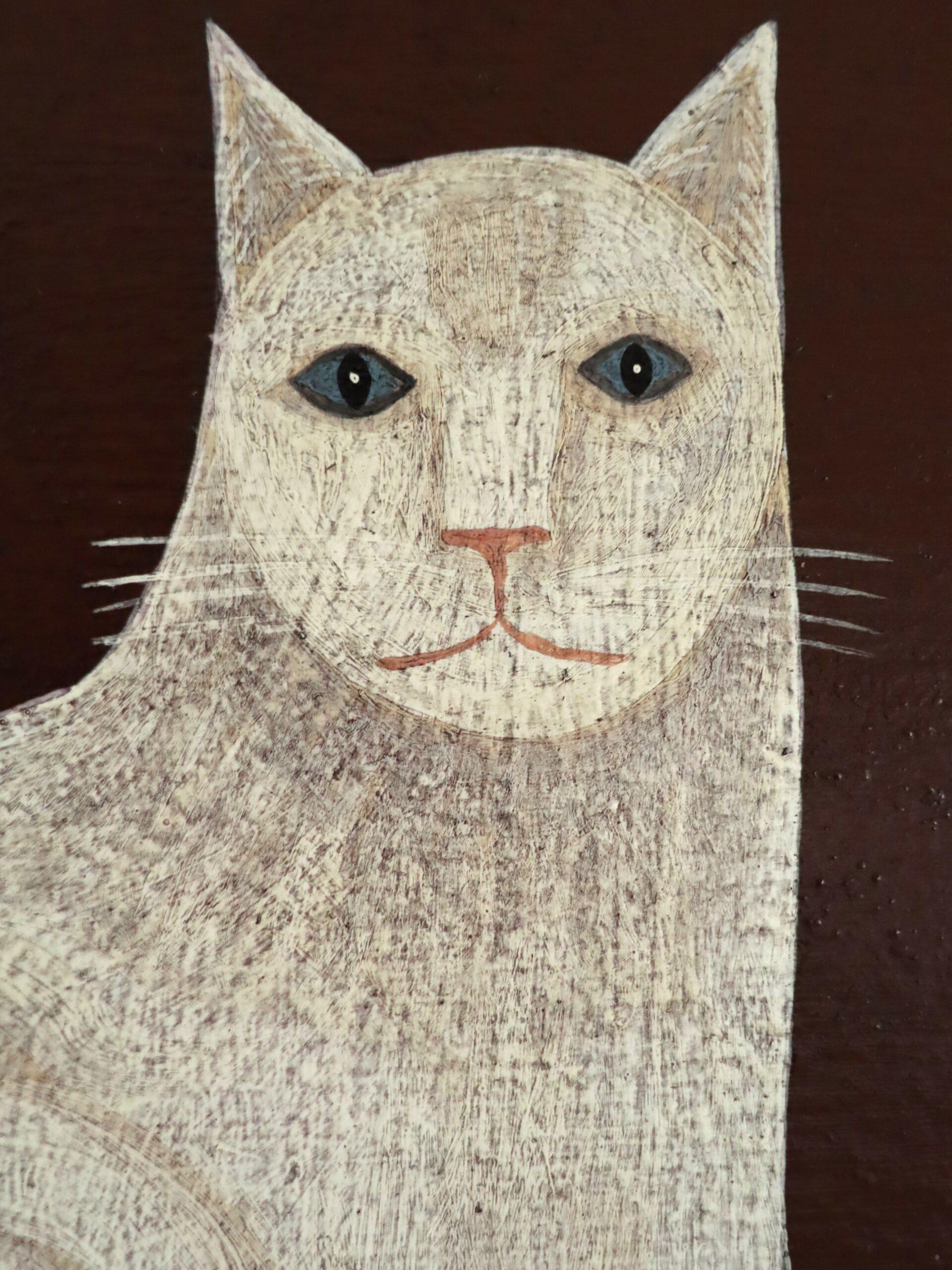 Contemporary Modernist Original Naïve Style Animal Oil Painting - White Cat For Sale 8