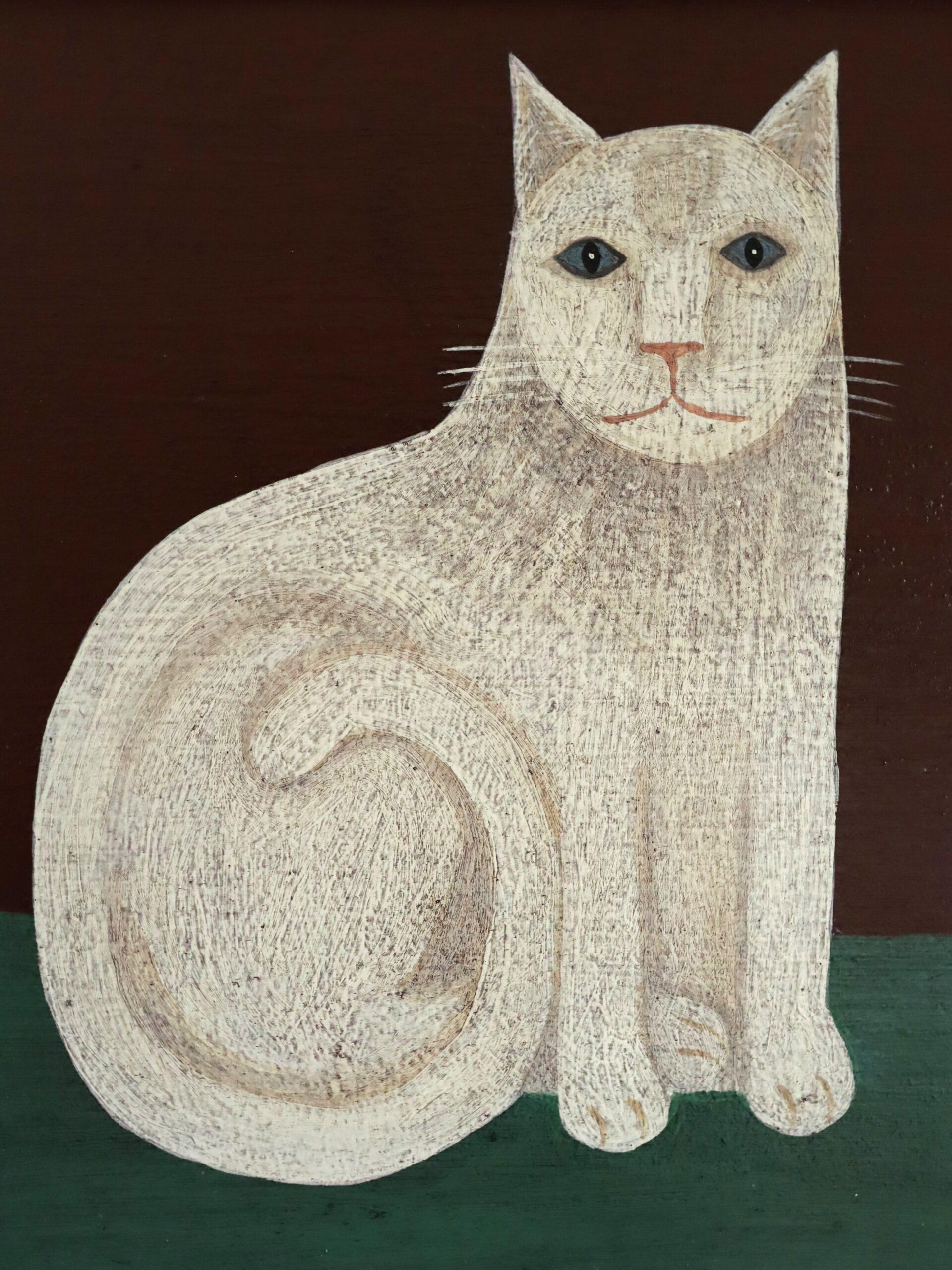 Contemporary Modernist Original Naïve Style Animal Oil Painting - White Cat For Sale 9