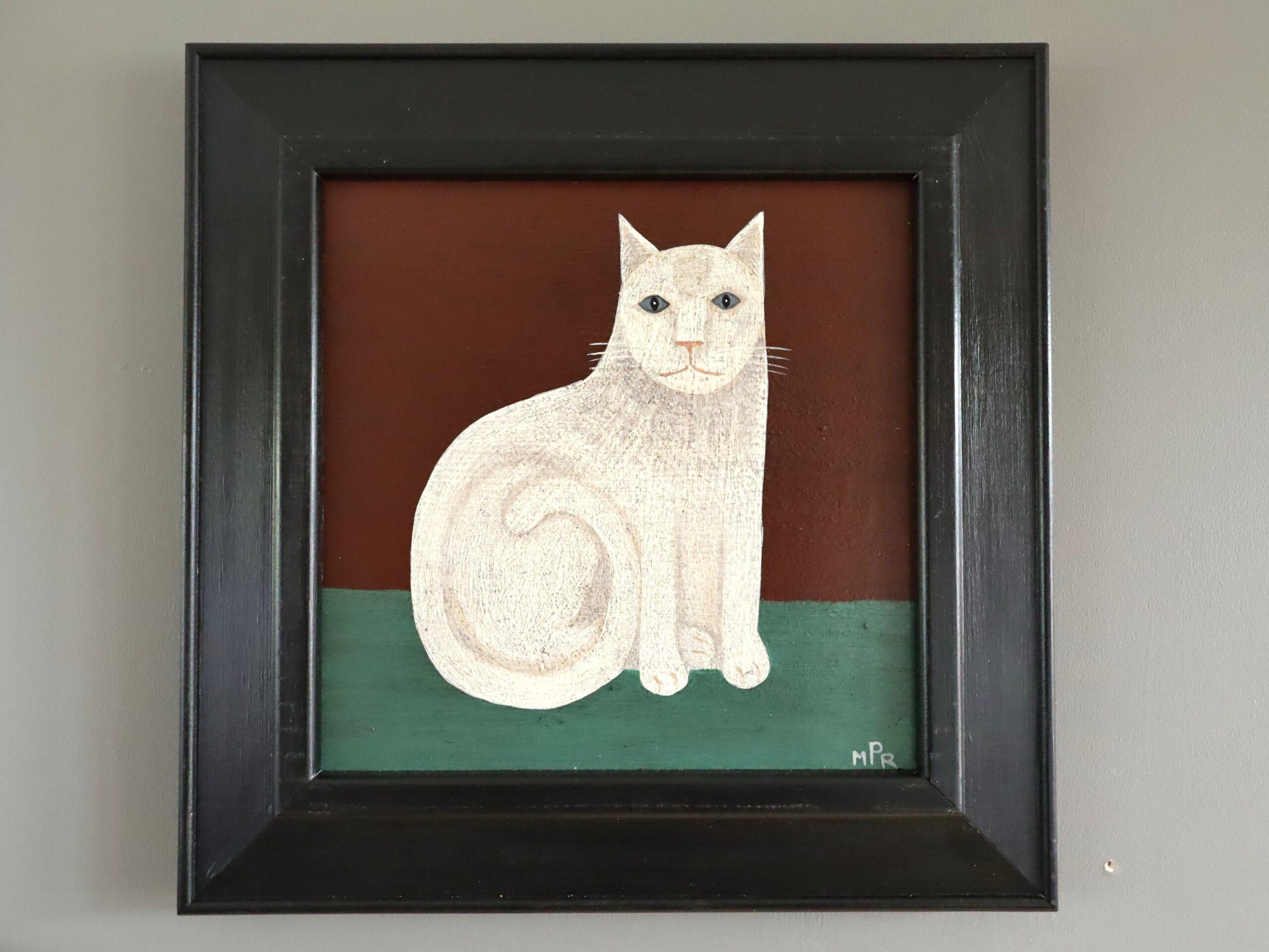 Contemporary Modernist Original Naïve Style Animal Oil Painting - White Cat - Black Animal Painting by Matt Rix
