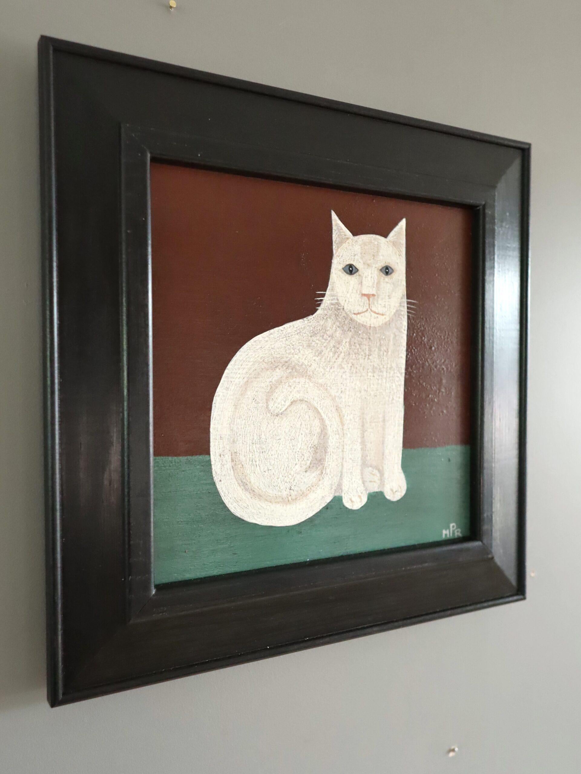 Contemporary Modernist Original Naïve Style Animal Oil Painting - White Cat For Sale 3