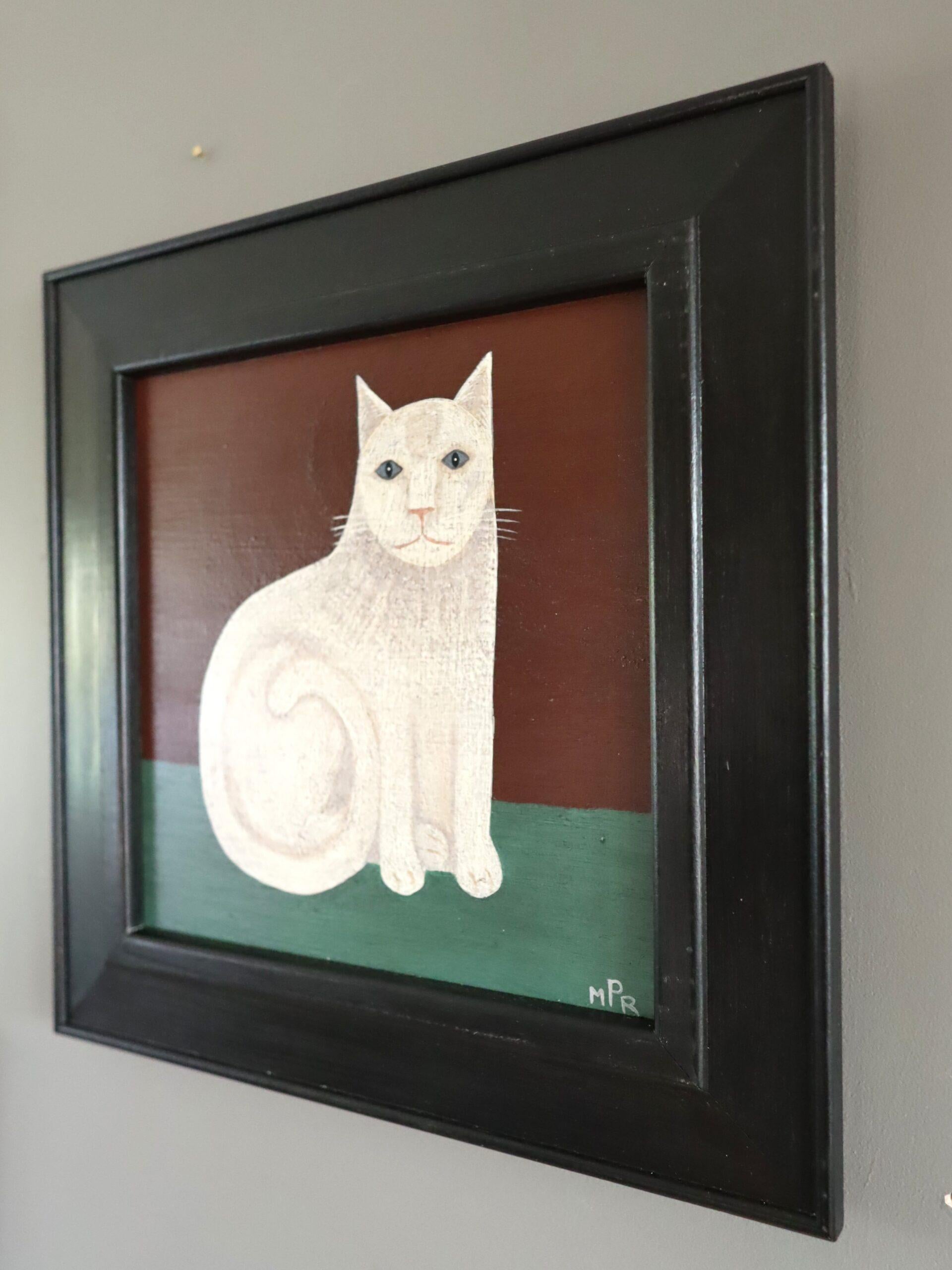 Contemporary Modernist Original Naïve Style Animal Oil Painting - White Cat For Sale 4
