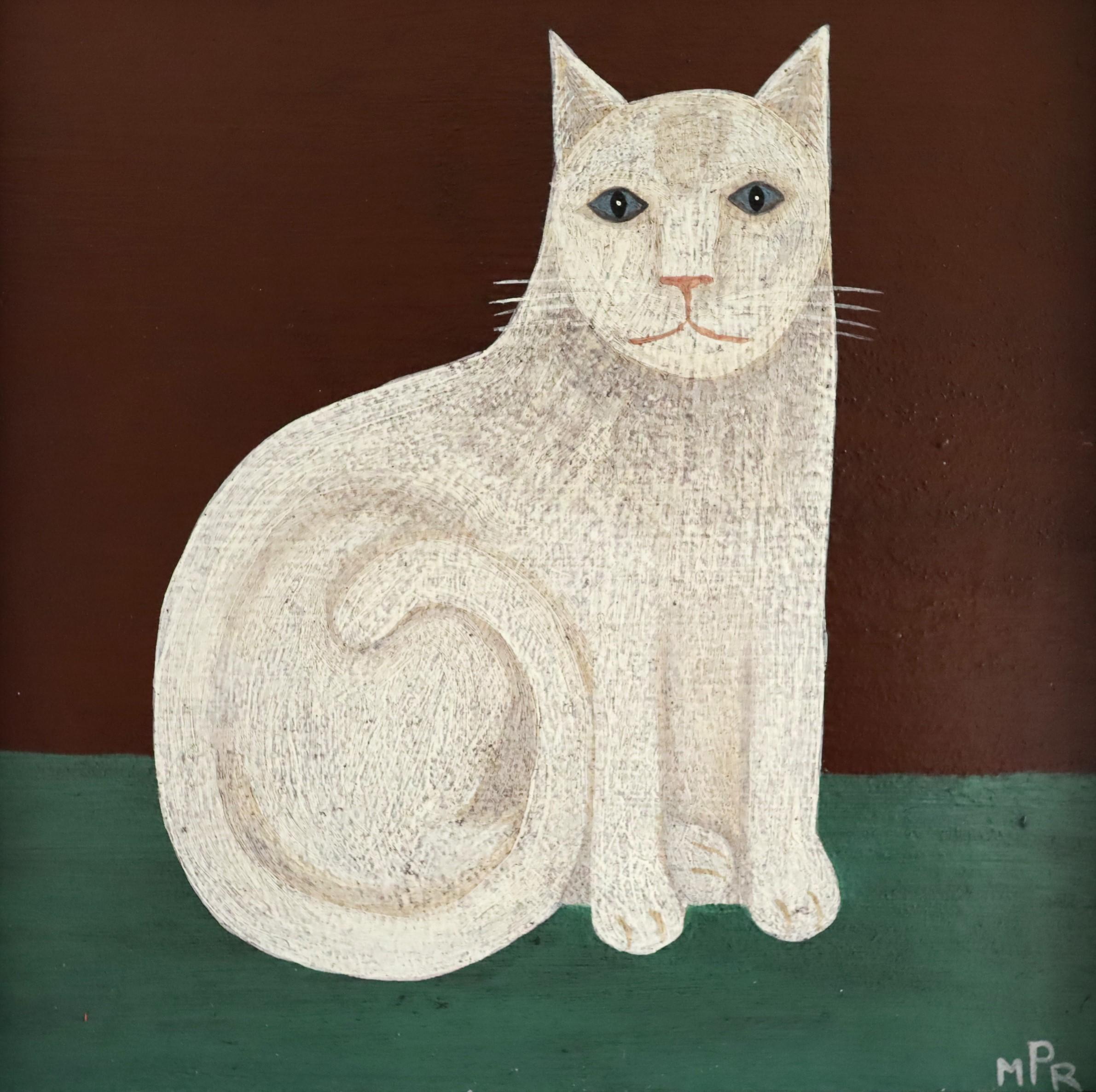Contemporary Modernist Original Naïve Style Animal Oil Painting - White Cat For Sale 6