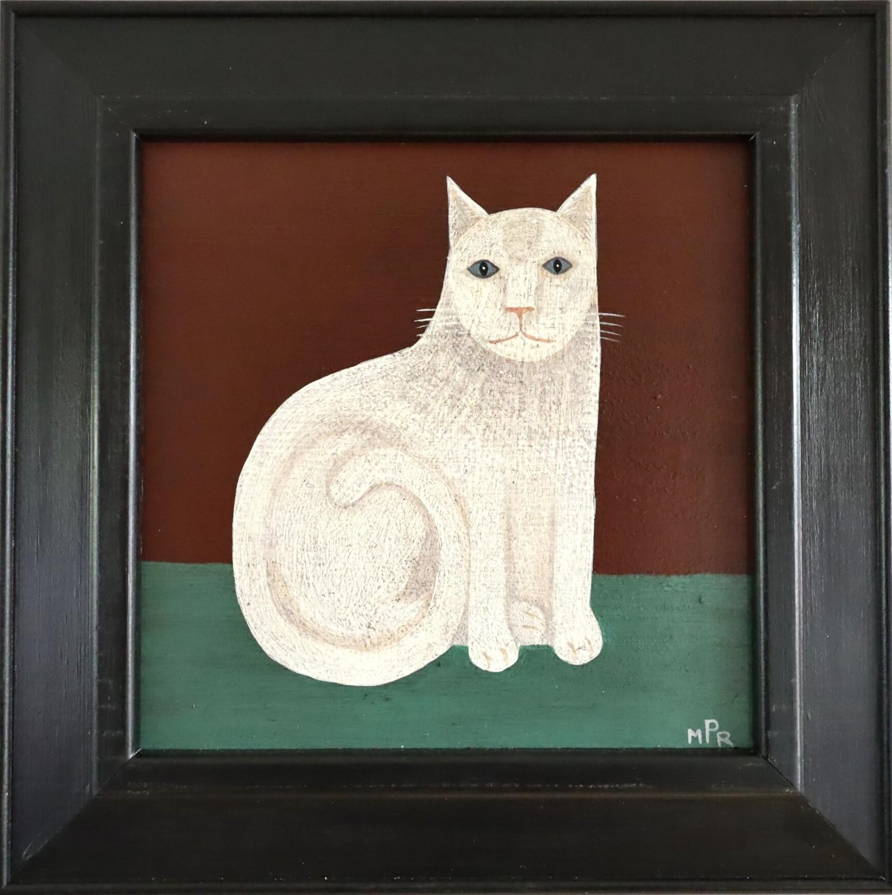 Contemporary Modernist Original Naïve Style Animal Oil Painting - White Cat