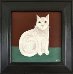 Contemporary Modernist Original Naïve Style Animal Oil Painting - White Cat