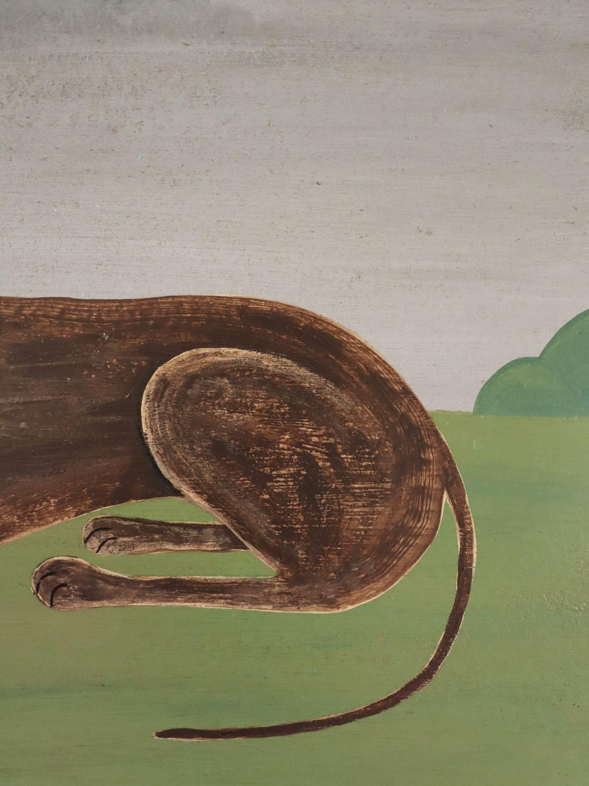 Peinture à l'huile contemporaine de style naïf sur les animaux - Lévrier à collier jaune en vente 5