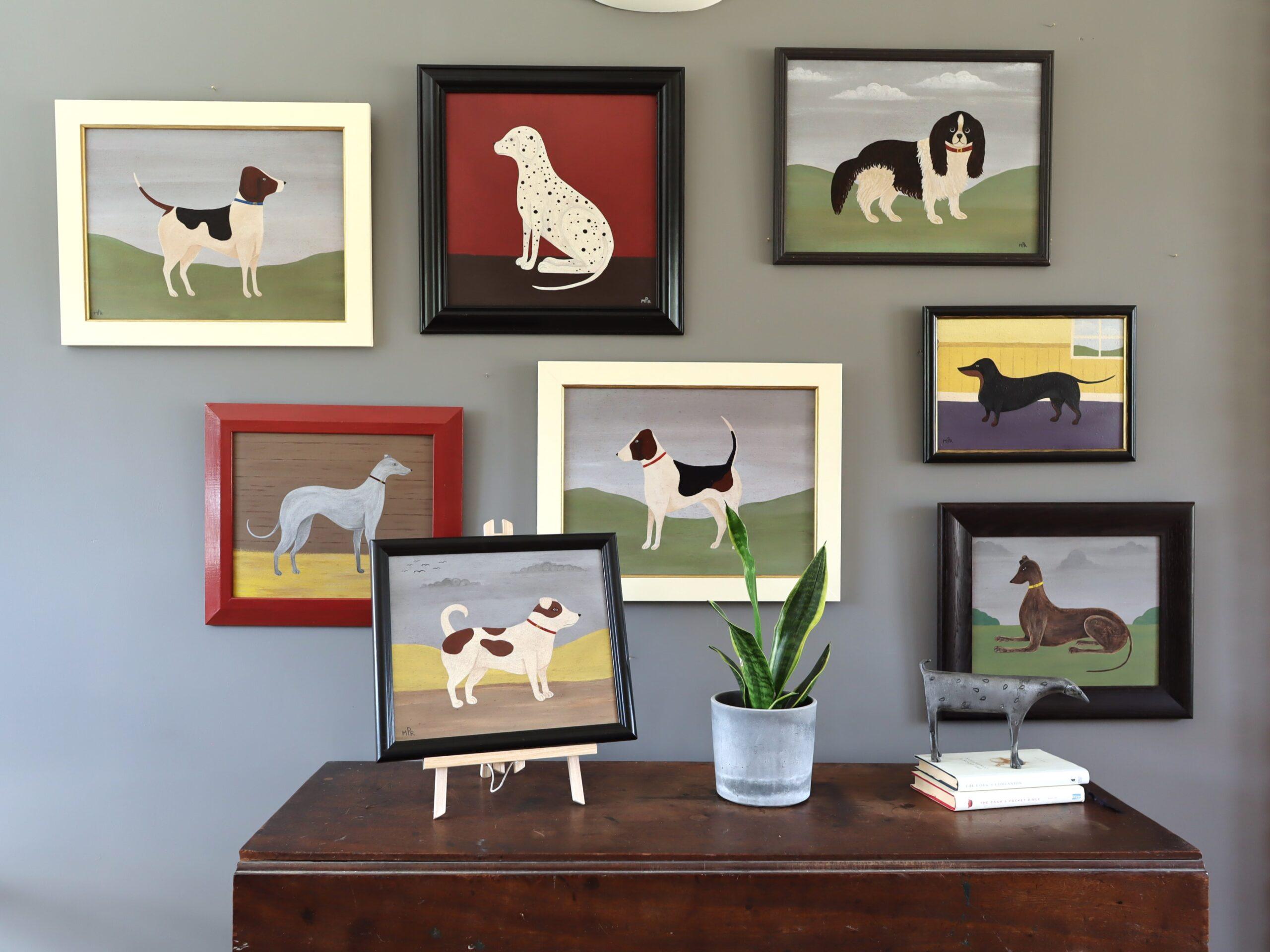 Peinture à l'huile contemporaine de style naïf sur les animaux - Lévrier à collier jaune en vente 7