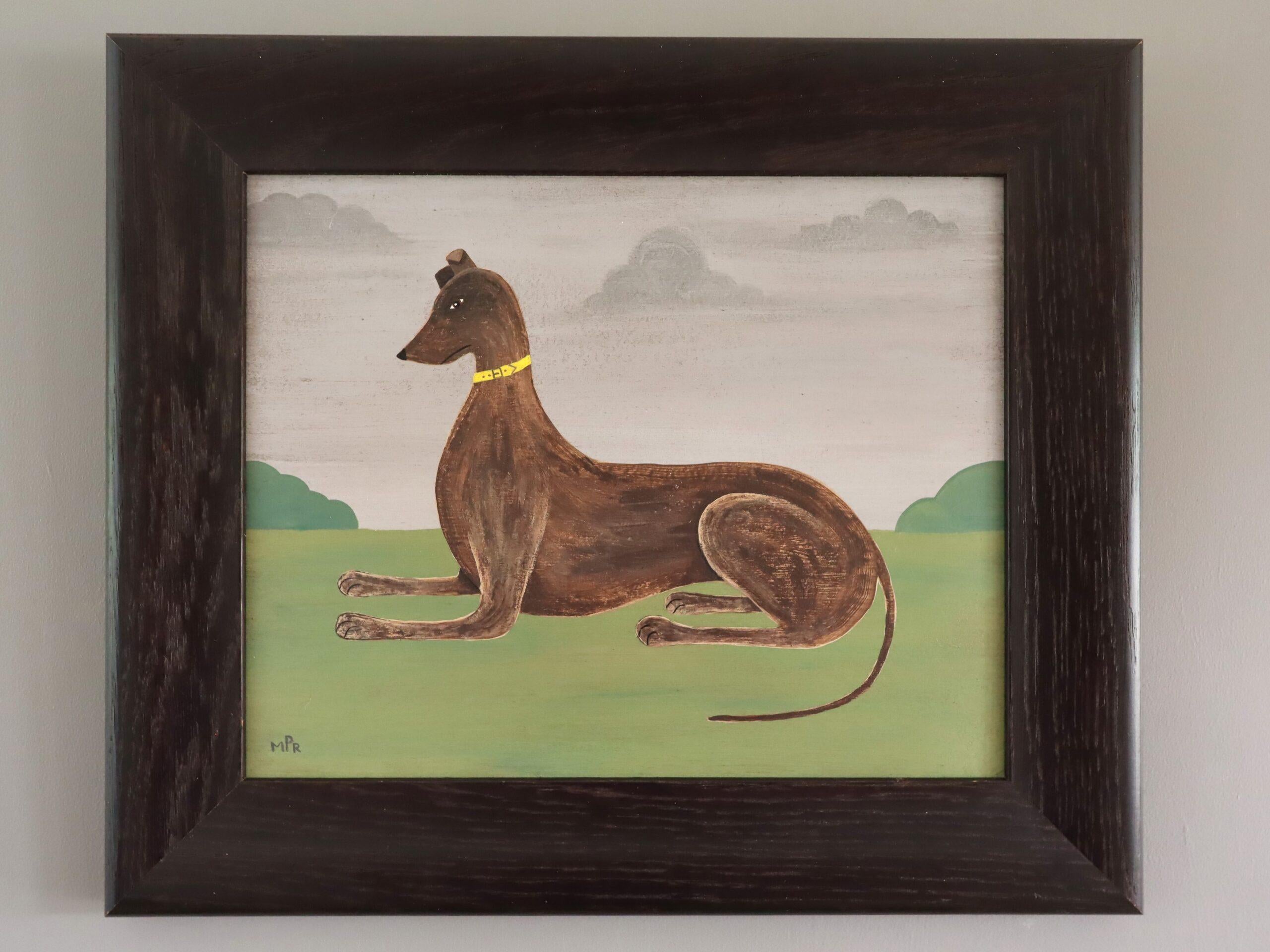 Peinture à l'huile contemporaine de style naïf sur les animaux - Lévrier à collier jaune - Painting de Matt Rix